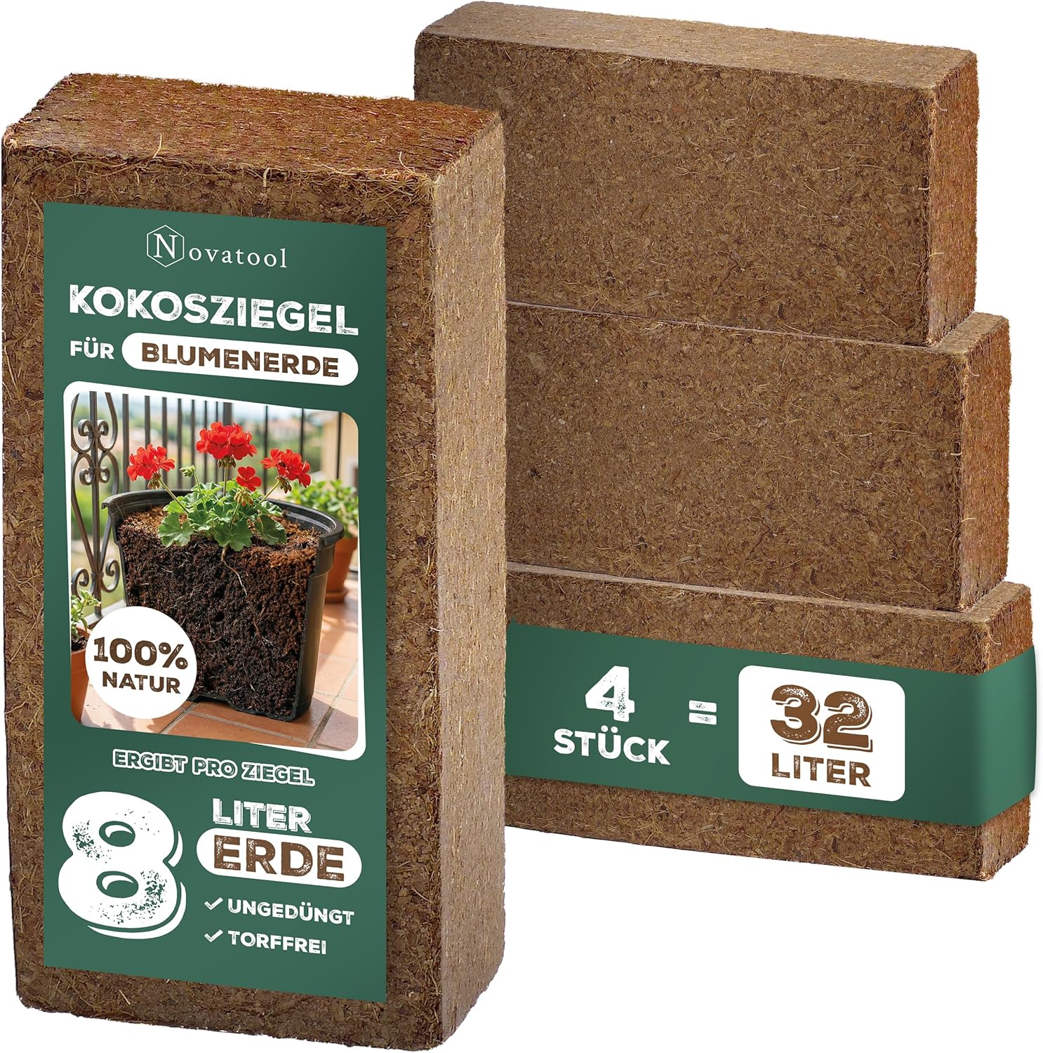 4X Novatool Kokosziegel Humusziegel Kokoserde Blumenerde Zimmerpflanzen | 32 Liter | 650g 20x5,5x10cm Gartenerde Kokosziegel fein Quelltabletten Kokos Steu und Substrate Kokosblumenerde Pflanzenerde