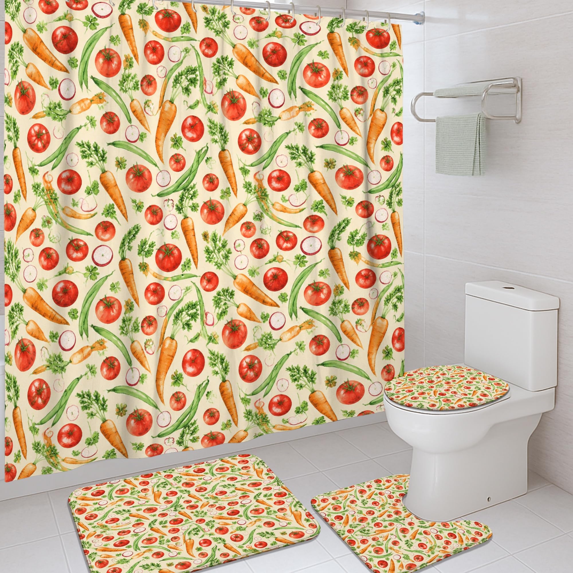 Rideau de douche anti-moisissure et tapis lavable motif légumes rouge d'été