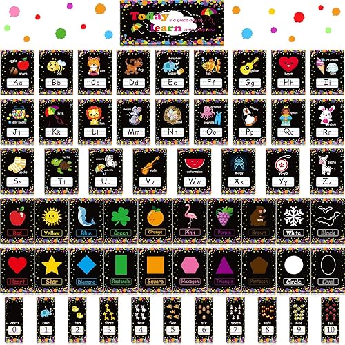 58 tarjetas educativas preescolares para niños, póster de aprendizaje temprano, números del alfabeto, colores y formas, decoración de tablón de