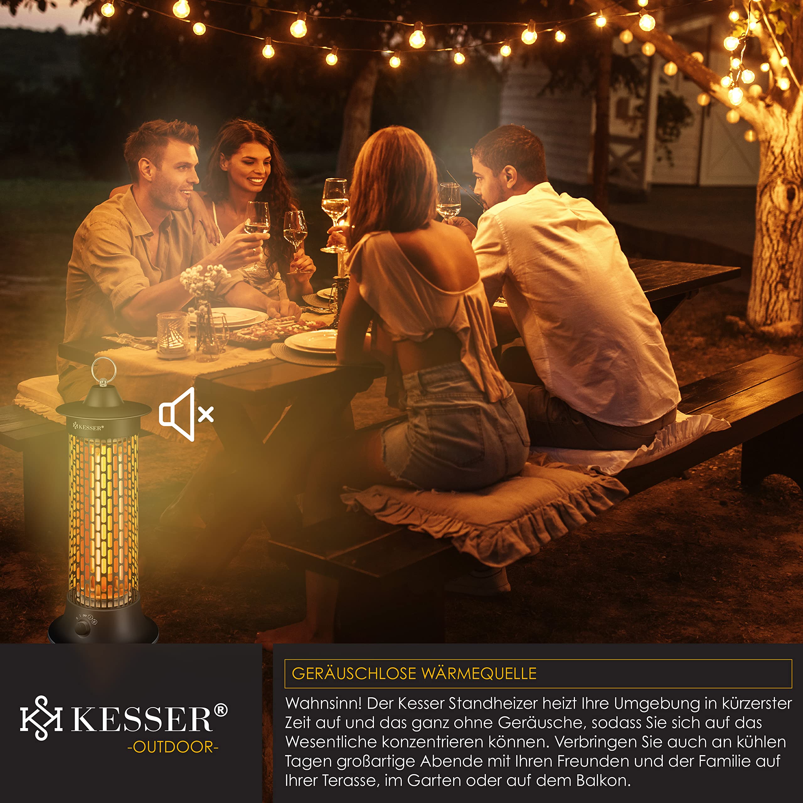 KESSER® Standheizstrahler Infrarotheizung, 1200W Heizstrahler Energieeffiziente Heizung Innenraum mit 360° Oszillation, Infrarotheizung Standgerät, Elektroheizung IP55, Terrassen-Heizstrahler, Schwarz