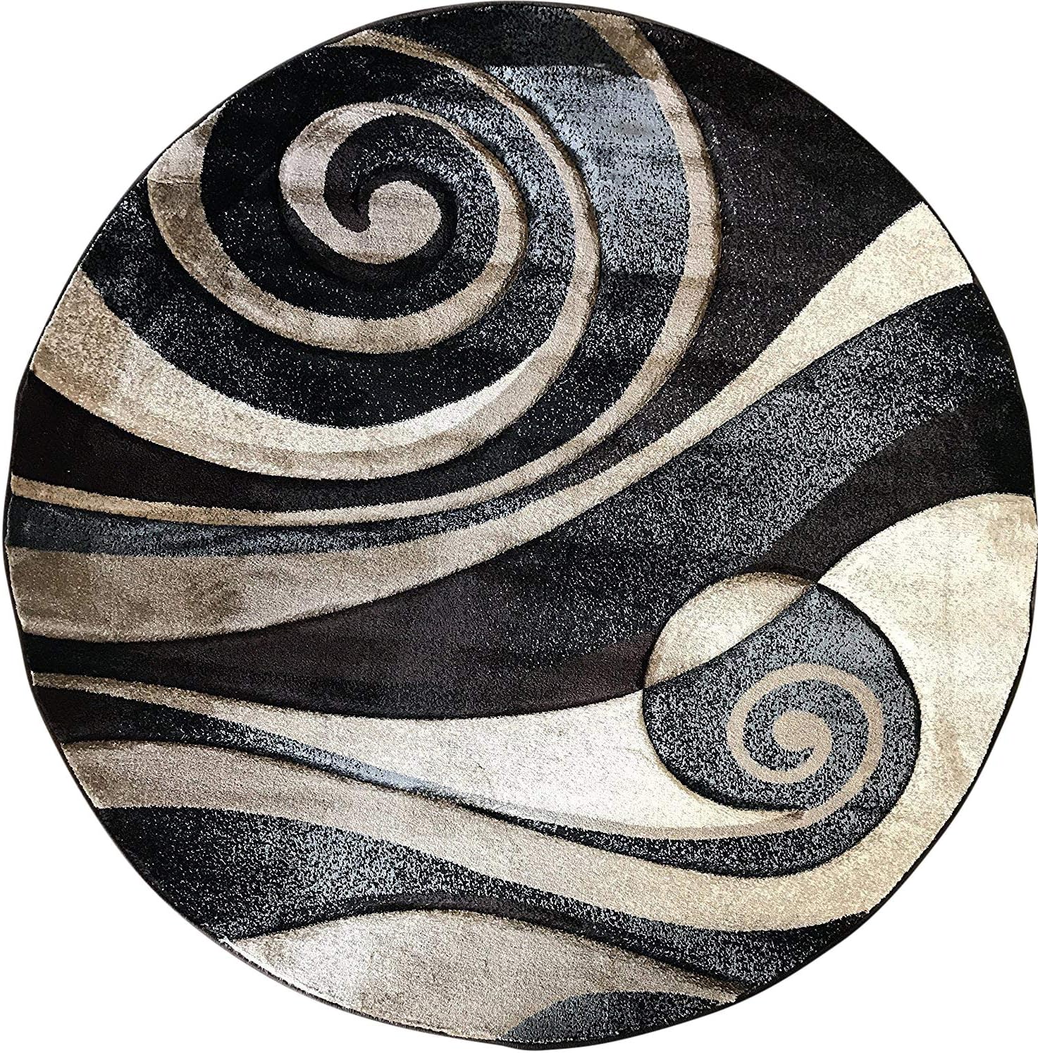 Nikos Modern Round Area Rug Black & Grey Sculpture Design 258 (5 Feet 6 Inch X 5 Feet 6 Inch Round)