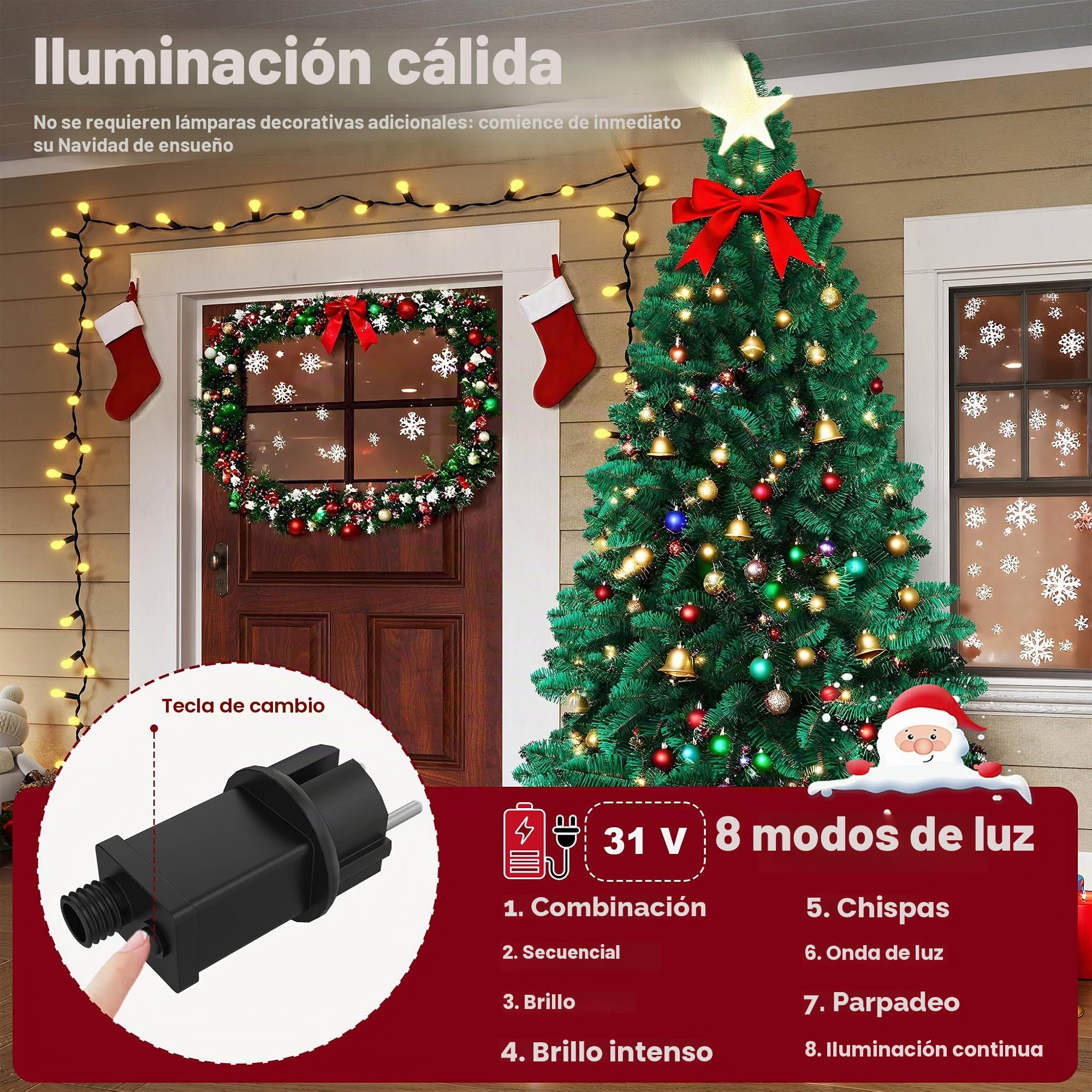 Aufun Árbol de Navidad Artificial con iluminación, 250 LED, luz Blanca cálida, Incluye Soporte de Metal, 570 Puntas, árbol de Navidad de PVC (180 cm, PVC Verde + LED)