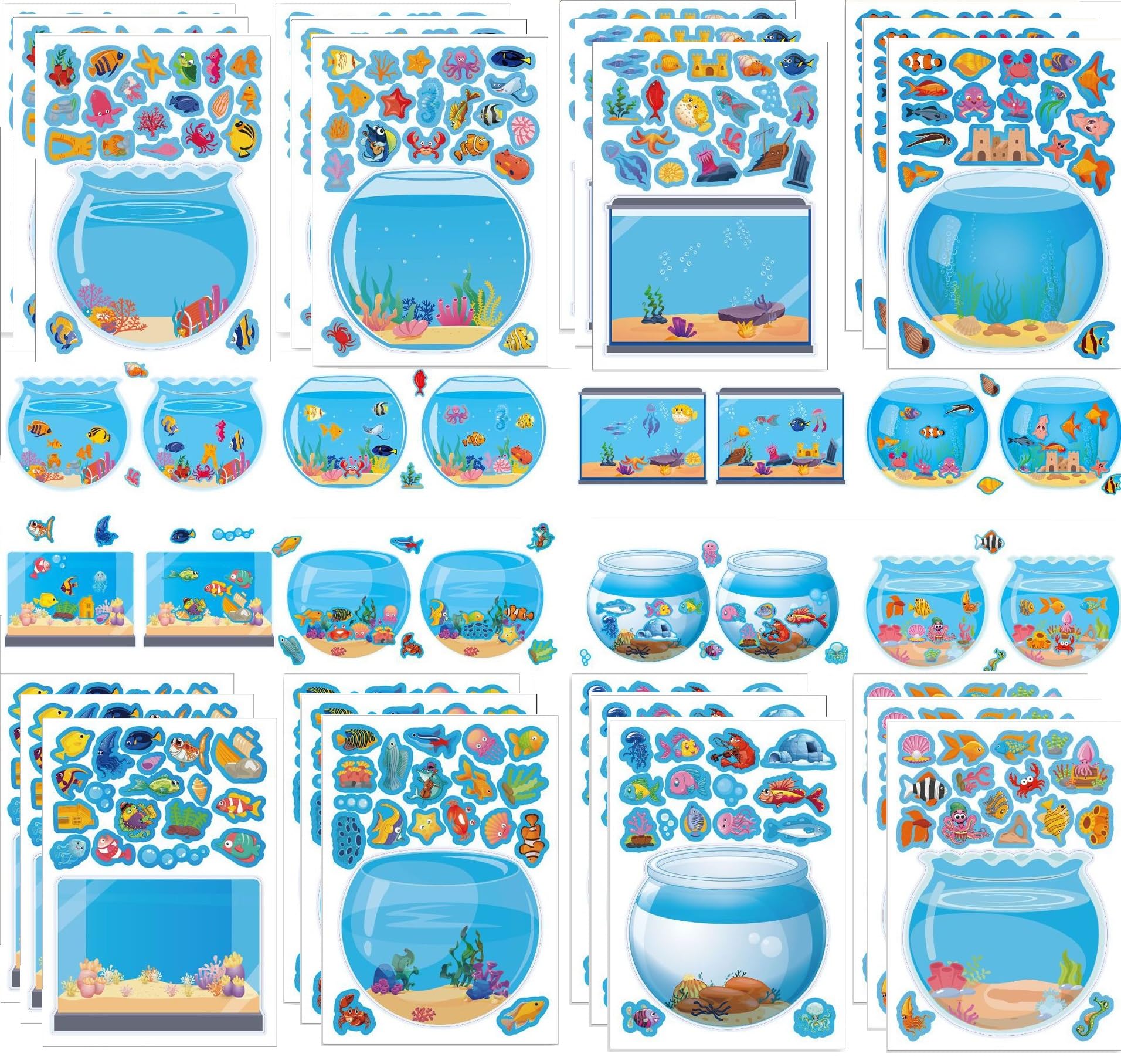 16 Sheets Blue Aquarium Stickers, 8 Styles Party Gifts Mix and Match Decals, Make Your Own Fish Aquarium Sticker DIY Crafts for Birthday Party Supplies Classroom