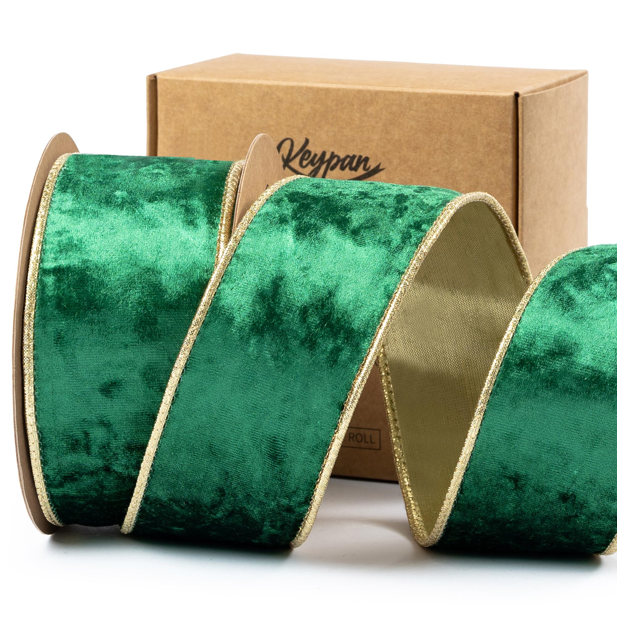 Keypan Green Velvet Ribbon for Christmas Tree Wired Ribbons for Trees Decoration Wreath Home Decor Gift Wrapping Bows 2.5 Inch with Gold Shiny Backing