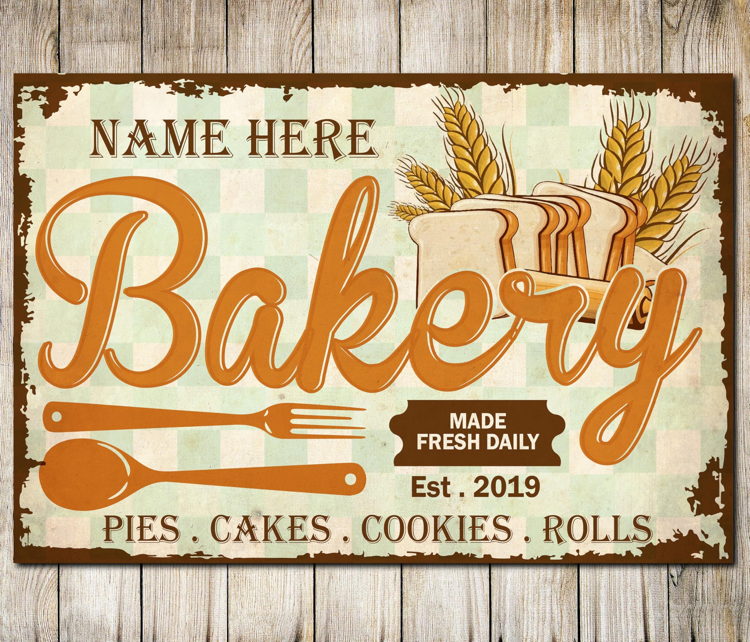 My Pixel Print Metal Personalised Baking Vintage Made Fresh Daily Bakery Sign Wall Decor Plaque
