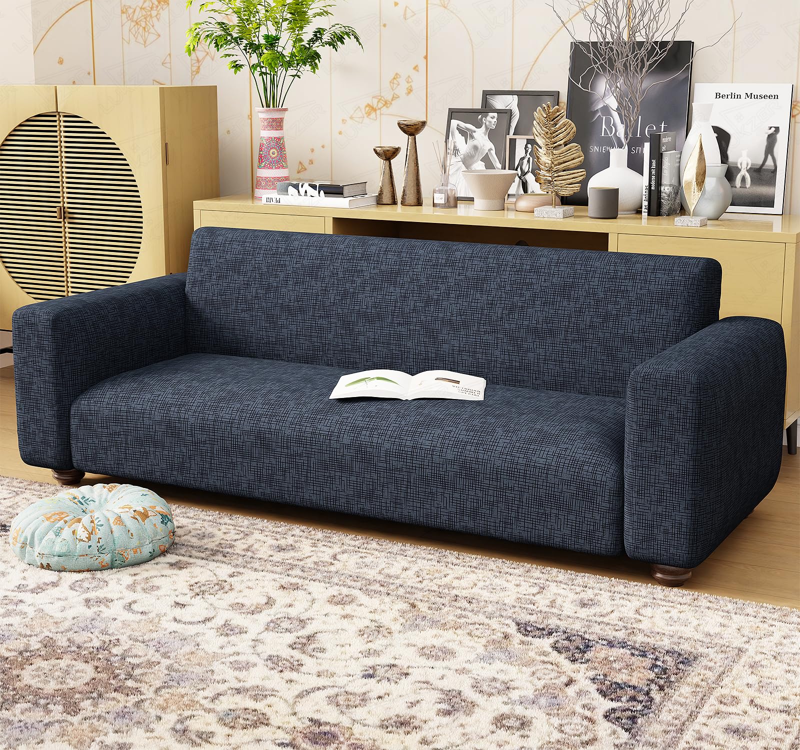 Lukzer 4 Seater Dark Blue Lining Design Universal Sofa Cover | 360° Fully Covered Anti-Slip Washable Couch Cover Protecter | 140 GSM Stretch Fit Polyester + Spandex Slipcover (230-300cm/SC-023-04)-image-21