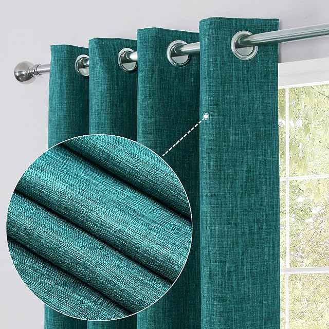 always4u Linen Look 100% Blackout Eyelet Curtains Thermal Energe Saving for Bedroom 1 Pair Noise Reducing Solid Modern Window Treatment for Home Decoration Teal W66*L72