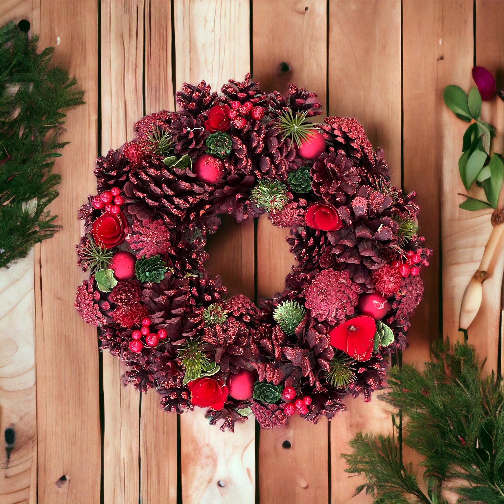 MIJOMA Corona de Navidad con piñas, bonita decoración invernal para pared y puerta, corona de Adviento hecha a mano con piñas, abeto artificial y bayas (rojo/verde)