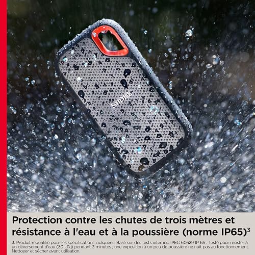 SanDisk Extreme Disque SSD Externe 500 Go (Portable NVMe SSD, jusqu'à 1050 Mo/s en lecture, 1000 Mo/s en écriture, USB-C, Résistance à la poussière et à l'eau classée IP65, Mousqueton pratique) Noir - 6