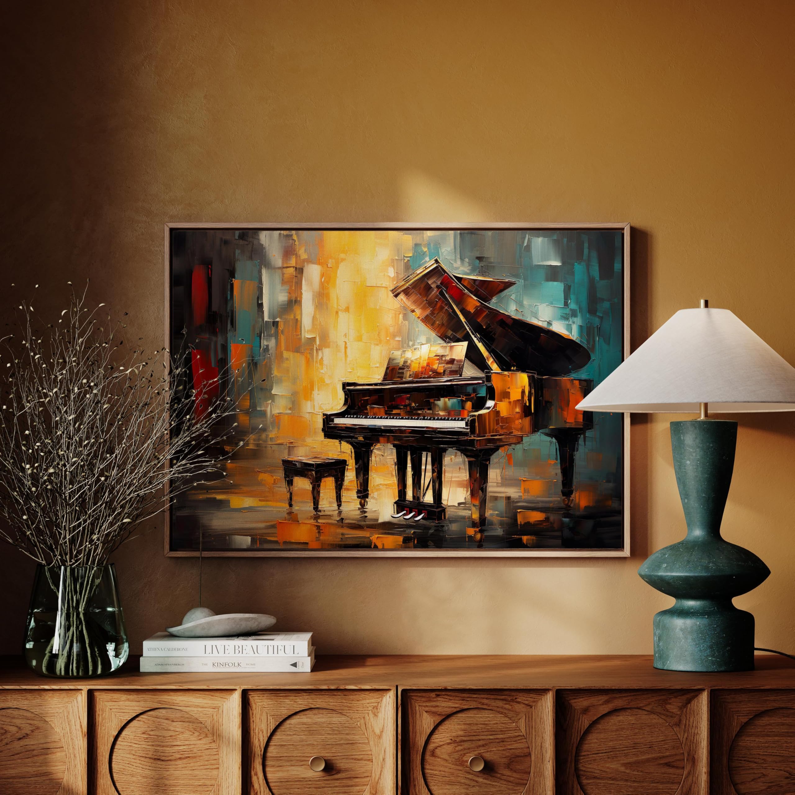 Quadro astratto su tela con pianoforte, arte del pianoforte, per musicisti, opere d'arte per pianisti, arte del pianoforte a coda, immagini, dipinto artistico musicale (40x60 cm/cornice interna)