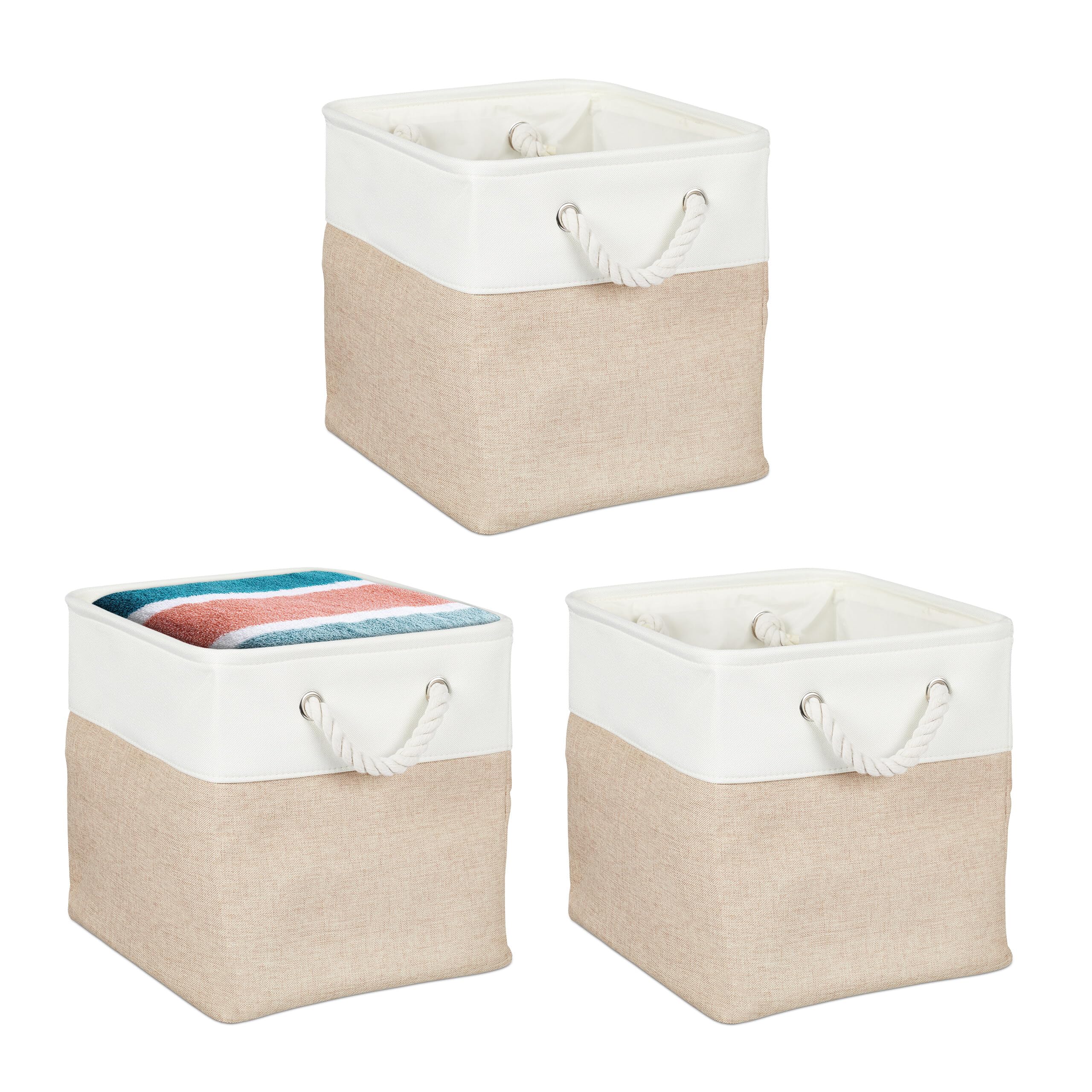 Relaxdays Cesta de almacenamiento, juego de 3, lino, beige/blanco