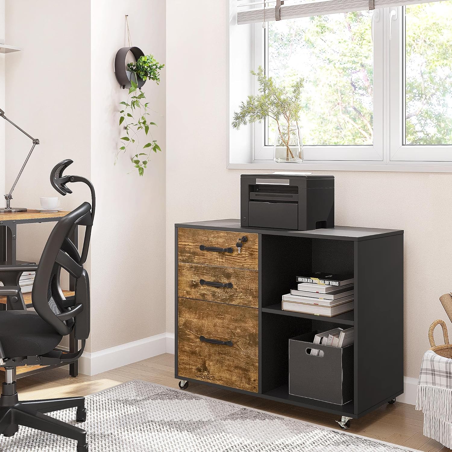 Yaheetech Lateral File Cabinet with Lock for Letter, A4 Size, 3 Drawer Printer Stand with Open Storage Compartments, Mobile Filing Cabinet for Home Office, Black/Rustic Brown Black/ Rustic Brown Without Power Outlet image 9 of 9 B09PQTC2G9