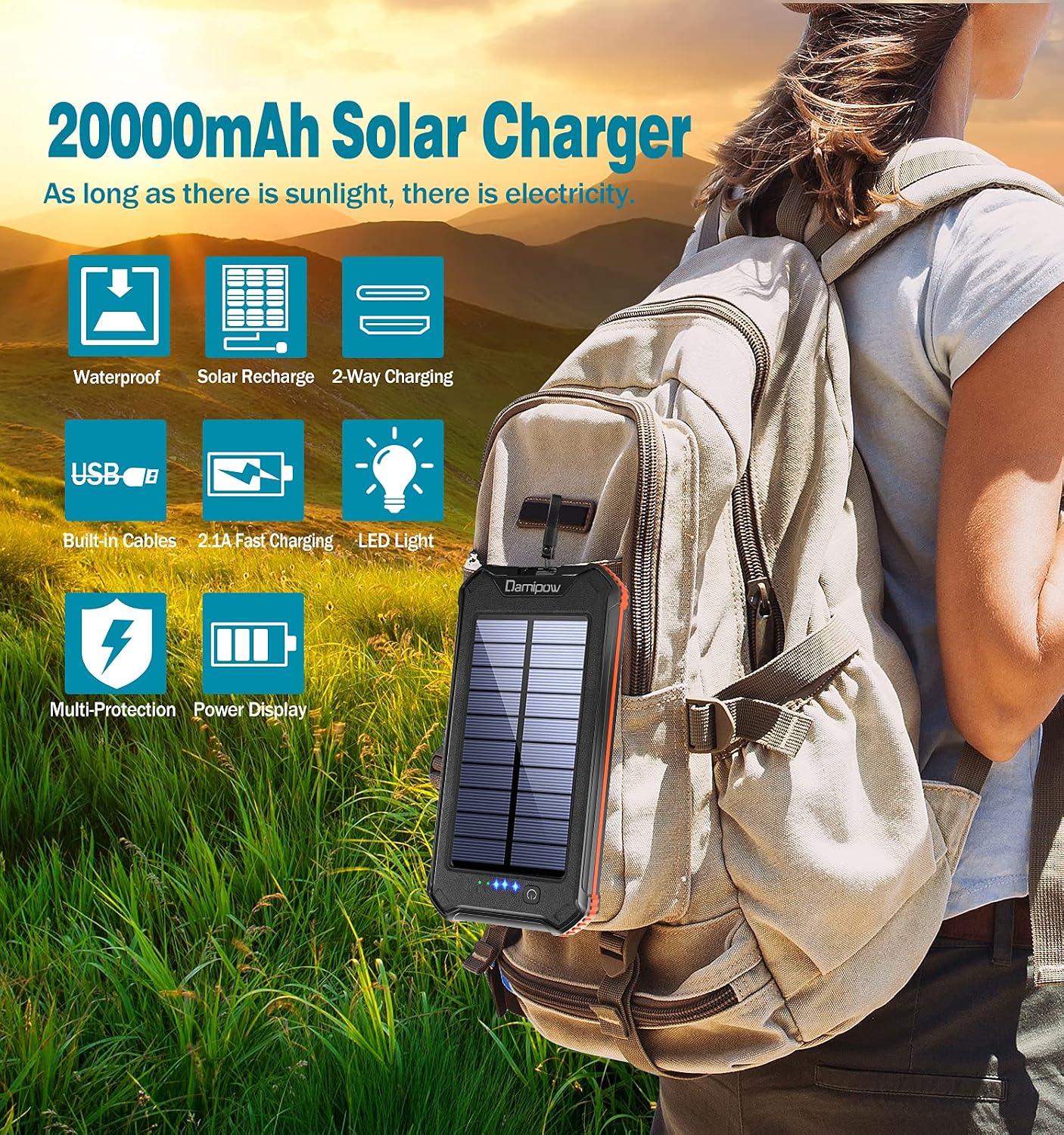 Solar Charger 20000mAh Built-in USB B & Type C Cables, Damipow Solar Power Bank External High Capacity Battery Pack with 3 Outputs, 2 Inputs, LED Flashlights Compatible All Cell Phones, IOS, Android