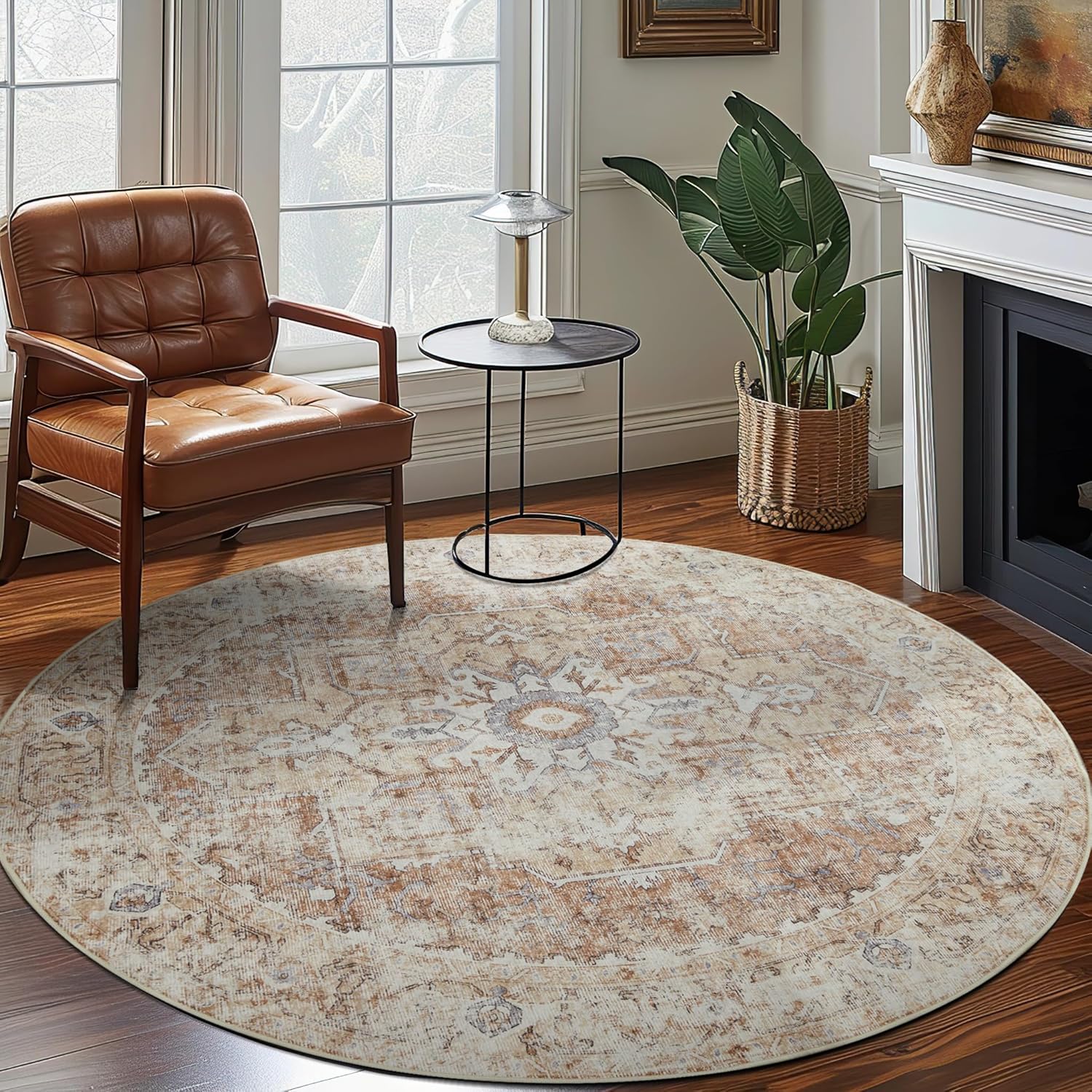 jinchan Round Rug 7ft Washable Area Rug Indoor Vintage Bedroom Floor Cover Distressed Circle Mat 7' Round Lightweight Non Slip Low Pile Thin Farmhouse Carpet for Living Room Dining Room Brick Red 7' x 7' (Round Light Weight) Medallion Brick Red