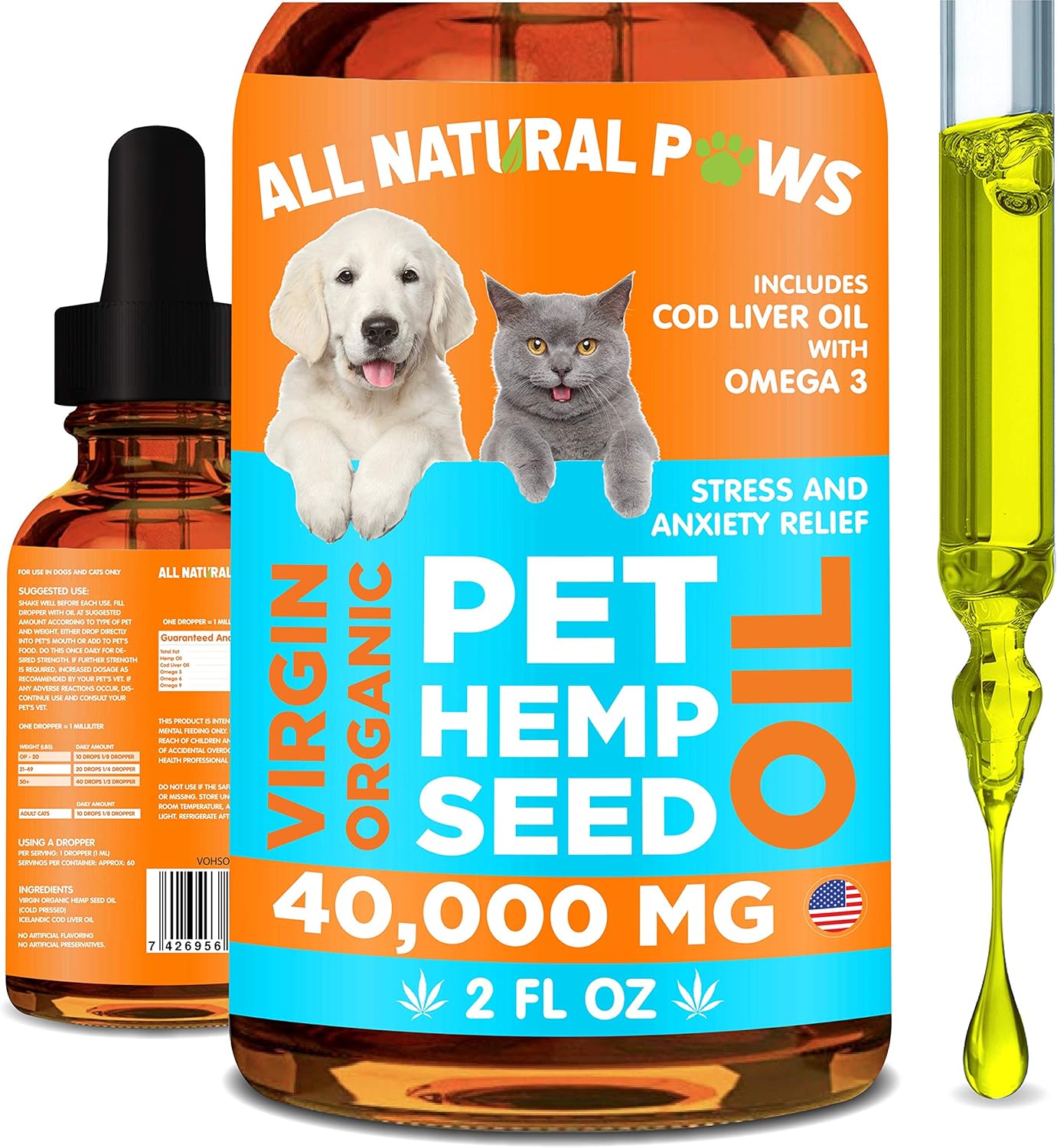 All Natural Paws Pet Hemp Seed Oil for Cats & Dogs with