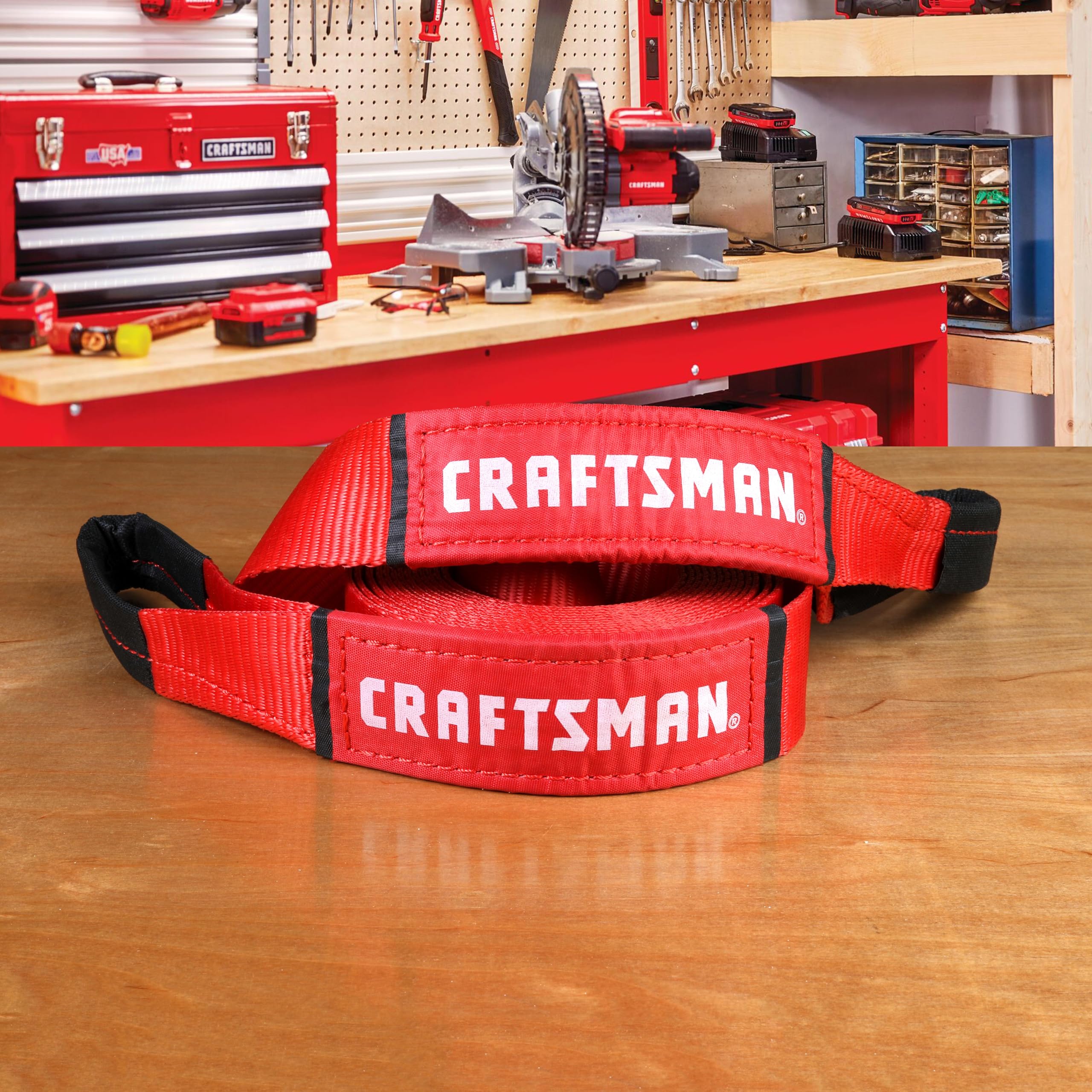 CRAFTSMAN CMXAZBS2001 Abschleppgurt mit Schlaufenenden, 5,1 cm x 5,1 m, 1,4 kg sichere Wortking-Last/4,1 kg Bruchfestigkeit, Schwarz/Rot