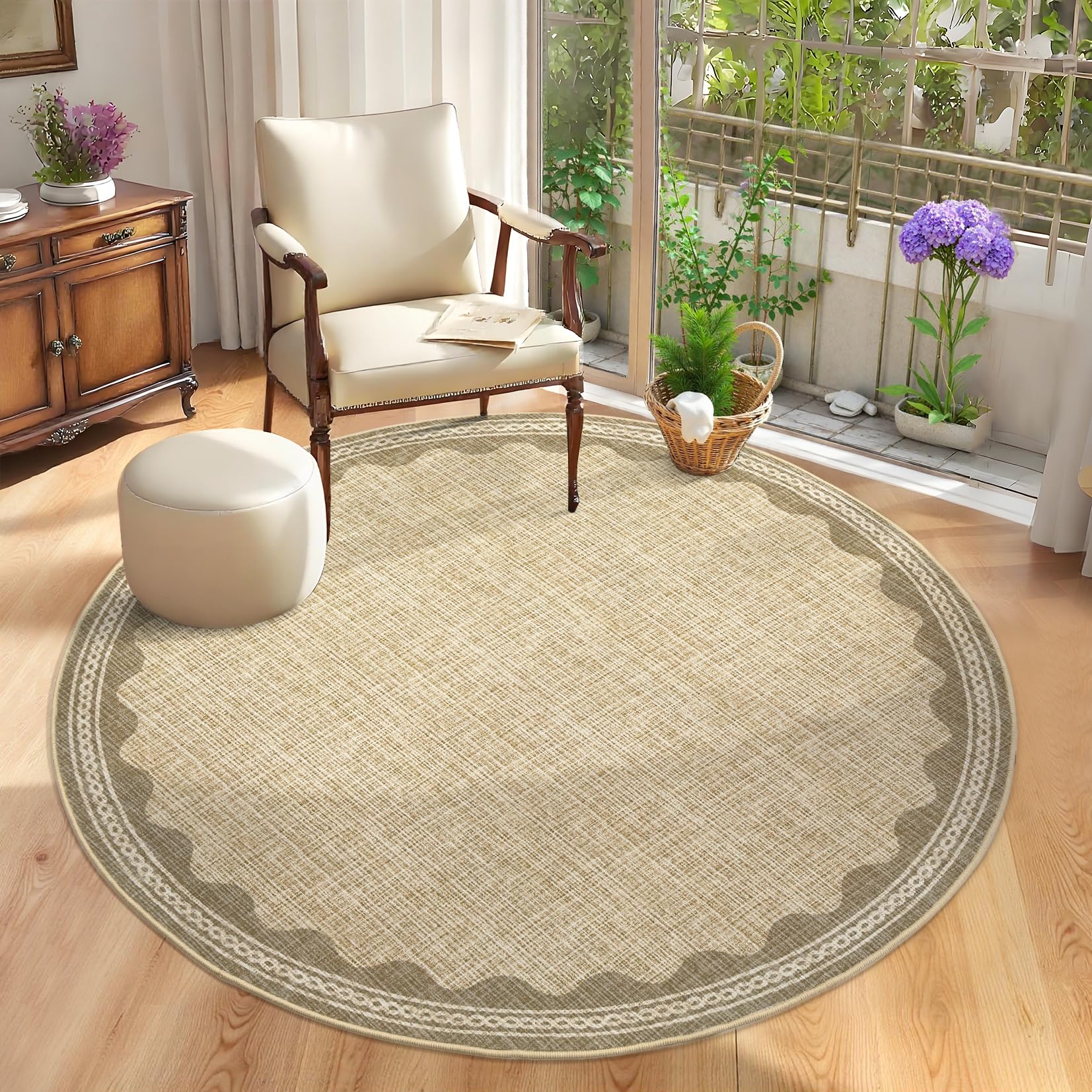 6ft Round Scalloped Jute Rug in Tan