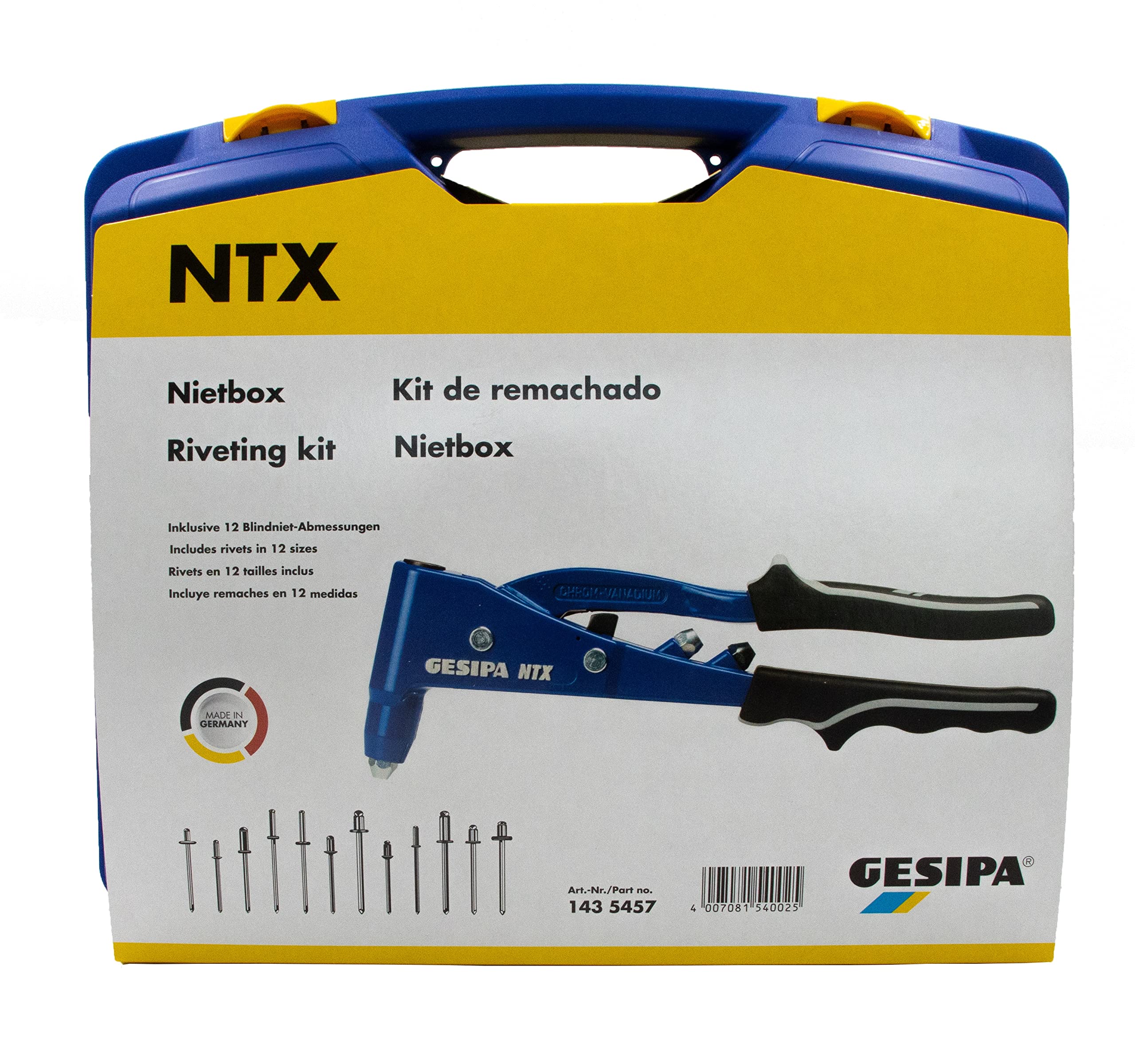 Grandes remaches ciegos – Set NTX | con 12 dimensiones de remaches comunes en práctico maletín | Fabricado en Alemania | Compra a los profesionales