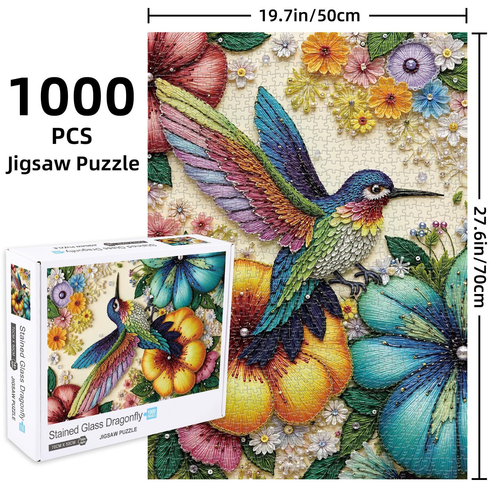 Sutinban Jigsaw Puzzle for Adult 1000 Piece Puzzles Beaded Hummingbird with Flowers Challenging Jigsaw Puzzles for Adults Gift Home Decor 70 * 50cm - Image 2