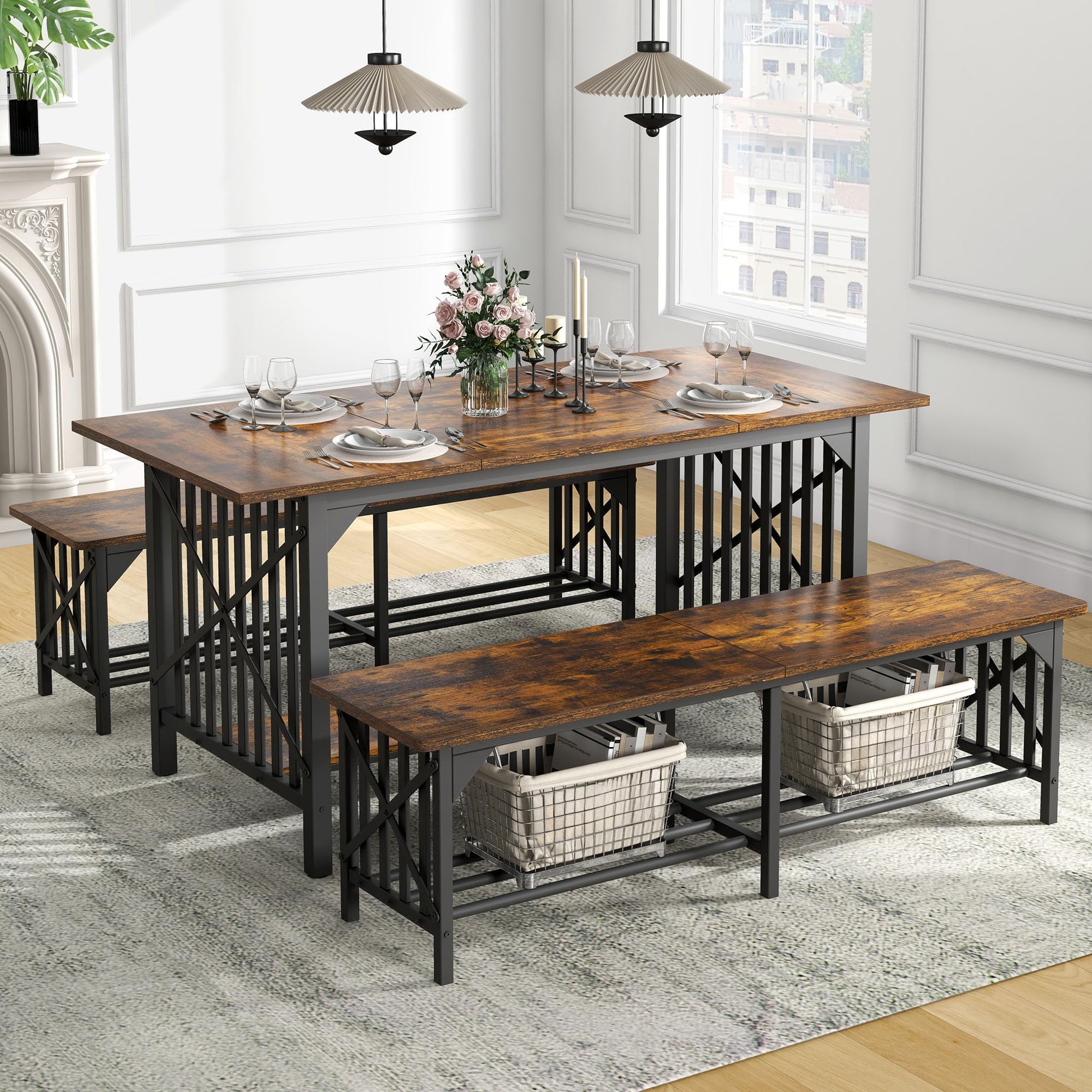 DWVO 3-Piece Dining Table Set for 4-6 People, 63" Dining Room Table with 2 Benches, Industrial Rectangular Dining Room Table Set with Storage for Kitchen, Dining Room, Rustic Brown