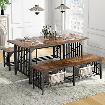 DWVO 3-Piece Dining Table Set for 4-6 People, 63" Dining Room Table with 2 Benches, Industrial Rectangular Dining Room Table Set with Storage for Kitchen, Dining Room, Rustic Brown