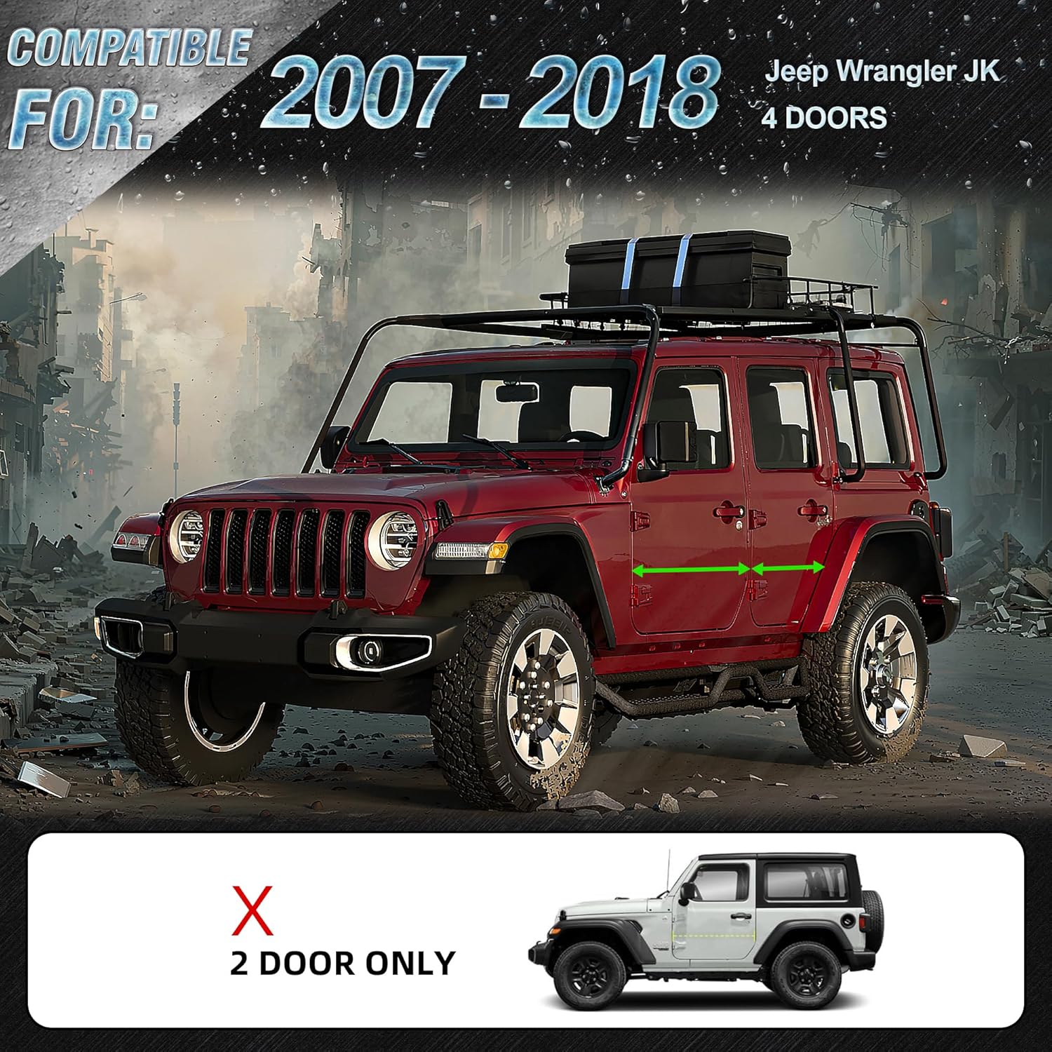 Two-Stairs Running Boards Compatible with 2007-2018 Jeep Wrangler JK 4 Doors, 5" Side Step Rails, Heavy-Duty Black Carbon Steel Nerf Bars(07-18 Jeep Wrangler JK 4-Door)