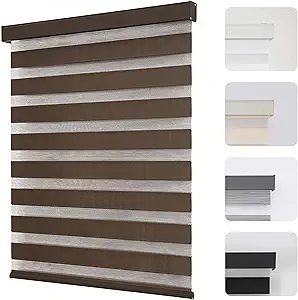 Joydeco Cordless Zebra Blinds for Windows, Dual Layer Light Control Window Blinds with Light-Proof Aluminum Cover, Free-Stop Roller Shades for Home & Office (Coffee,15" W x 48" H)