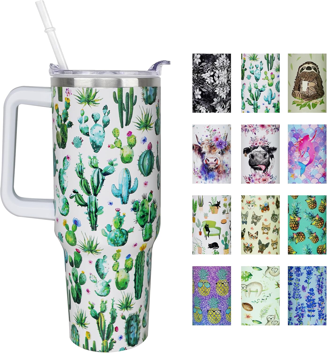 SGQJDPMC 40 oz Cactus Tumbler With Handle and Straw Lid - Steel Insulated Travel Coffee Cup - Cactus Lover Gift
