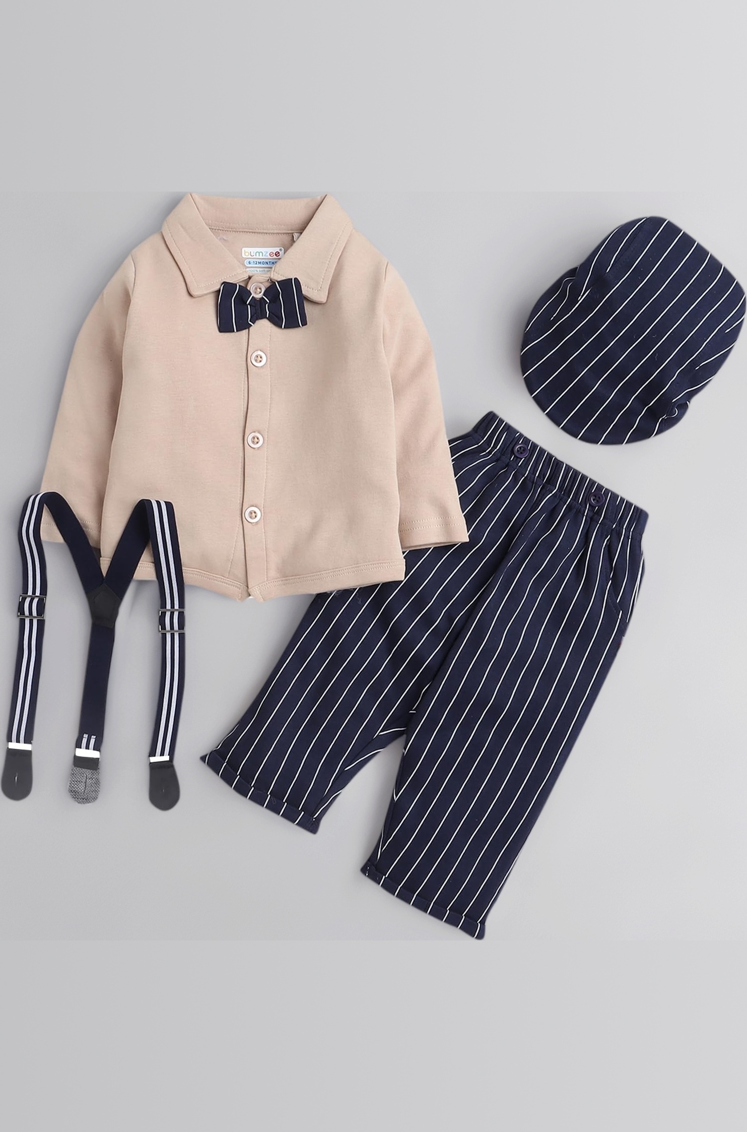 Boy's Cotton Printed Full Sleeves Shirt Pant Set With Suspender & Cap (Peb9937)