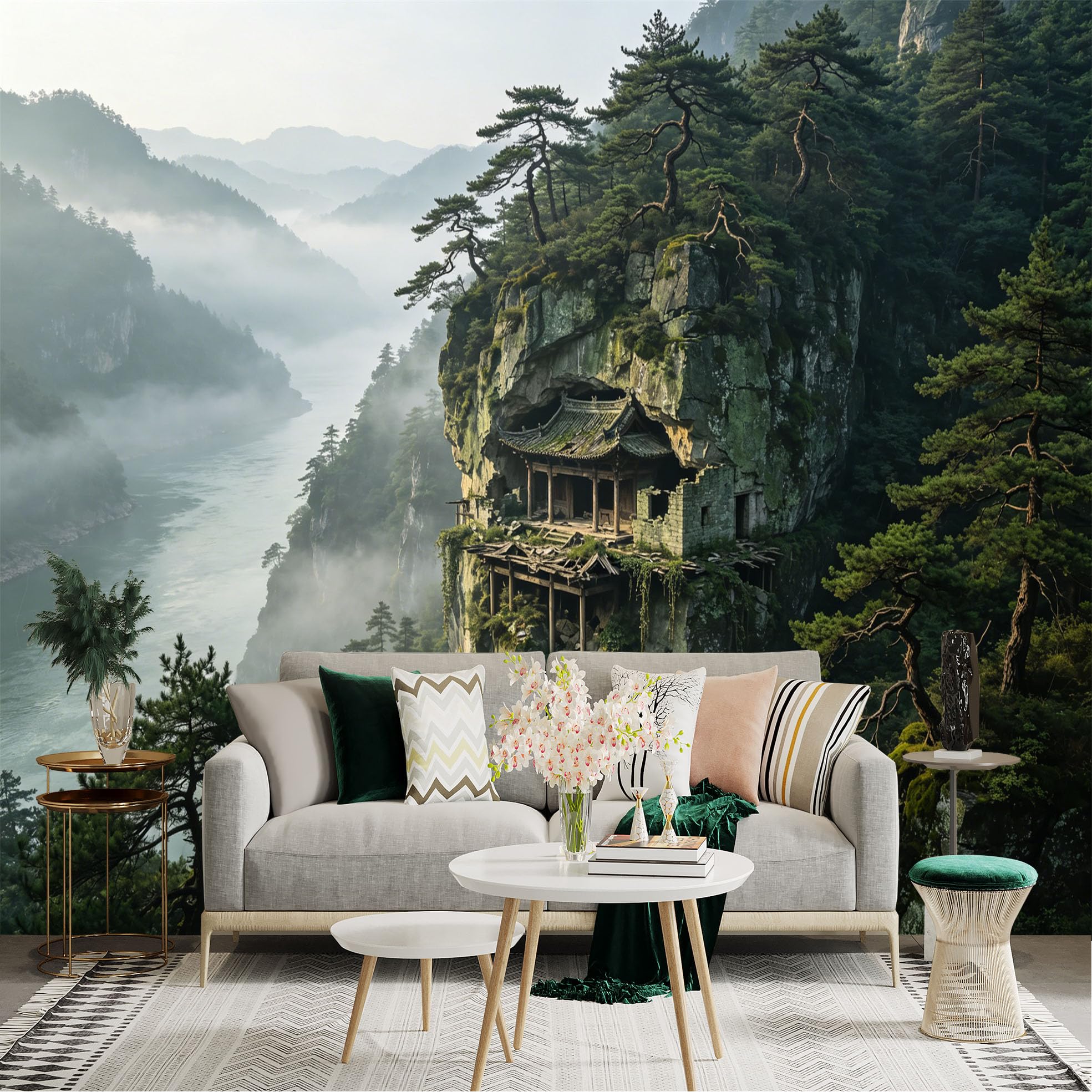 Custom Size Wall Sticker Mural， Ancient Temple on Mountain Cliff with Misty River and Pine Forest， for wall Decoration， peelandstick wall Decals.