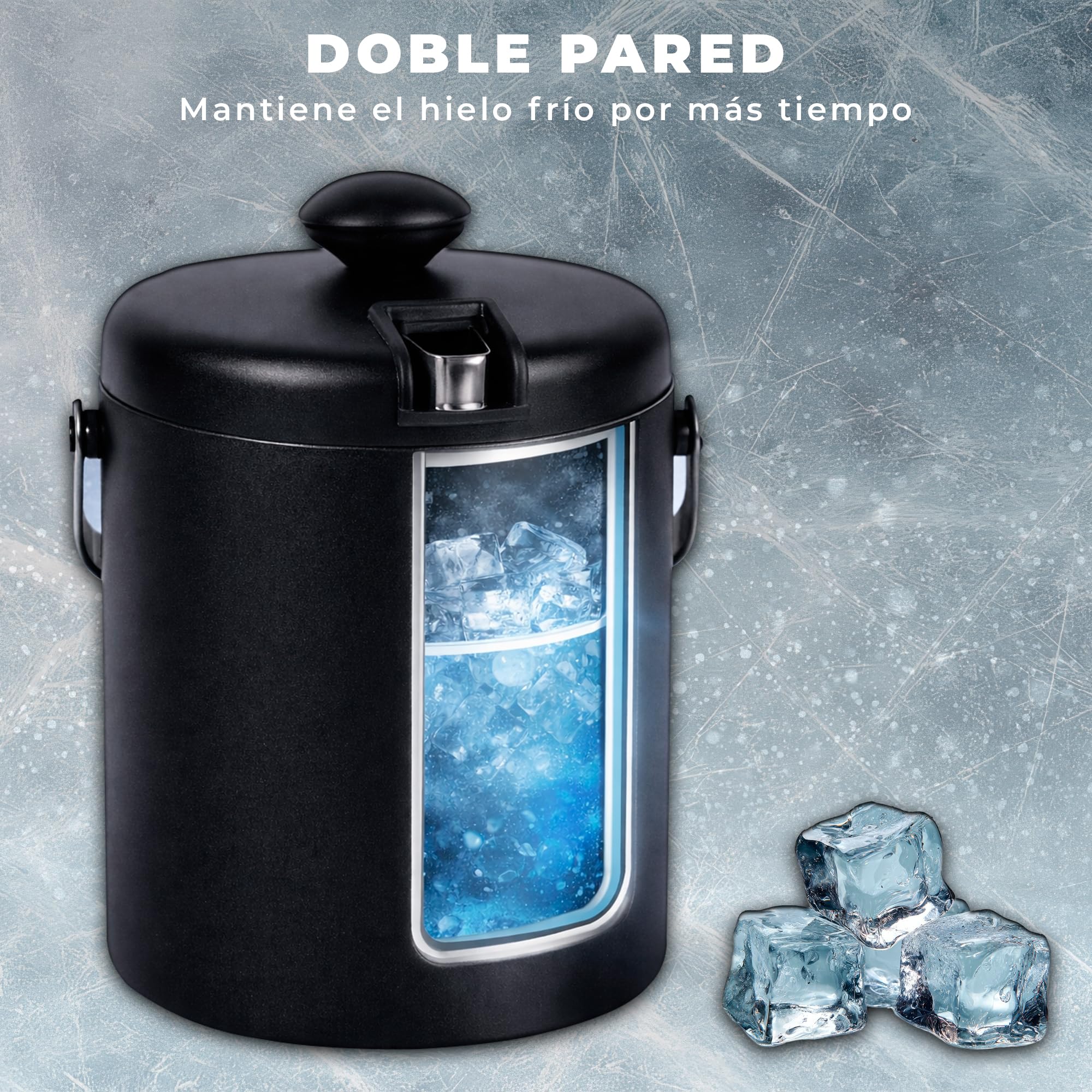 KARL HAUSMANN Cubo Hielo 1,3L con Tapa, Pinza y Rejilla - Cubitera Acero Inoxidable Negra Doble Pared Aislante, Mantiene Hielo Seco, Ideal para Cócteles, Bebidas, Bar y Hogar