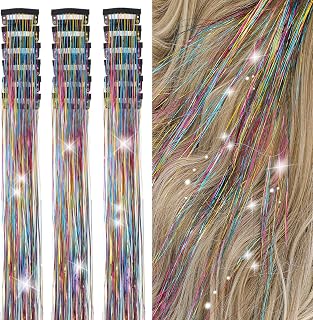 ZYXQZYX Hair Tinsel Kit Pack of 18 Pcs Hair Tinsel Clip in 19.6Inch Glitter Tinsel Hair Extensions Heat Resistant Clip in Hair Tinsel Sparkle Fairy Hair Accessories for Kids Girls Women (Rainbow)