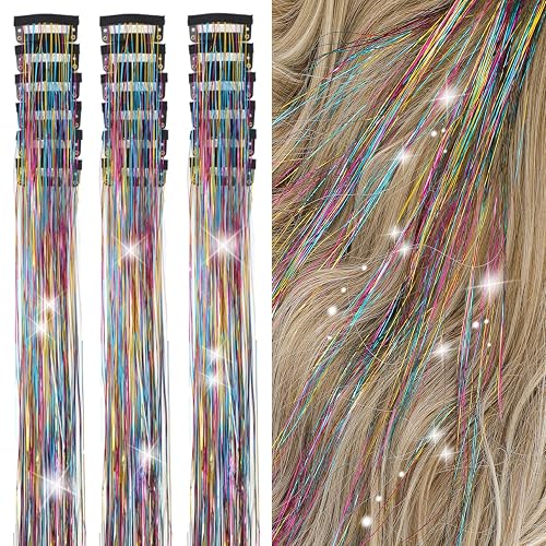 ZYXQZYX Hair Tinsel Kit Pack of 18 Pcs Hair Tinsel Clip in 19.6Inch Glitter Tinsel Hair Extensions Heat Resistant Clip in Hair Tinsel Sparkle Fairy Hair Accessories for Kids Girls Women (Rainbow) - Rainbow