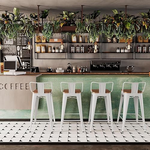 Miniatura 8 de HAOBO Home Taburete de bar de metal industrial moderno para mostrador [juego de 4] silla de comedor (26 pulgadas, asiento de madera blanco con