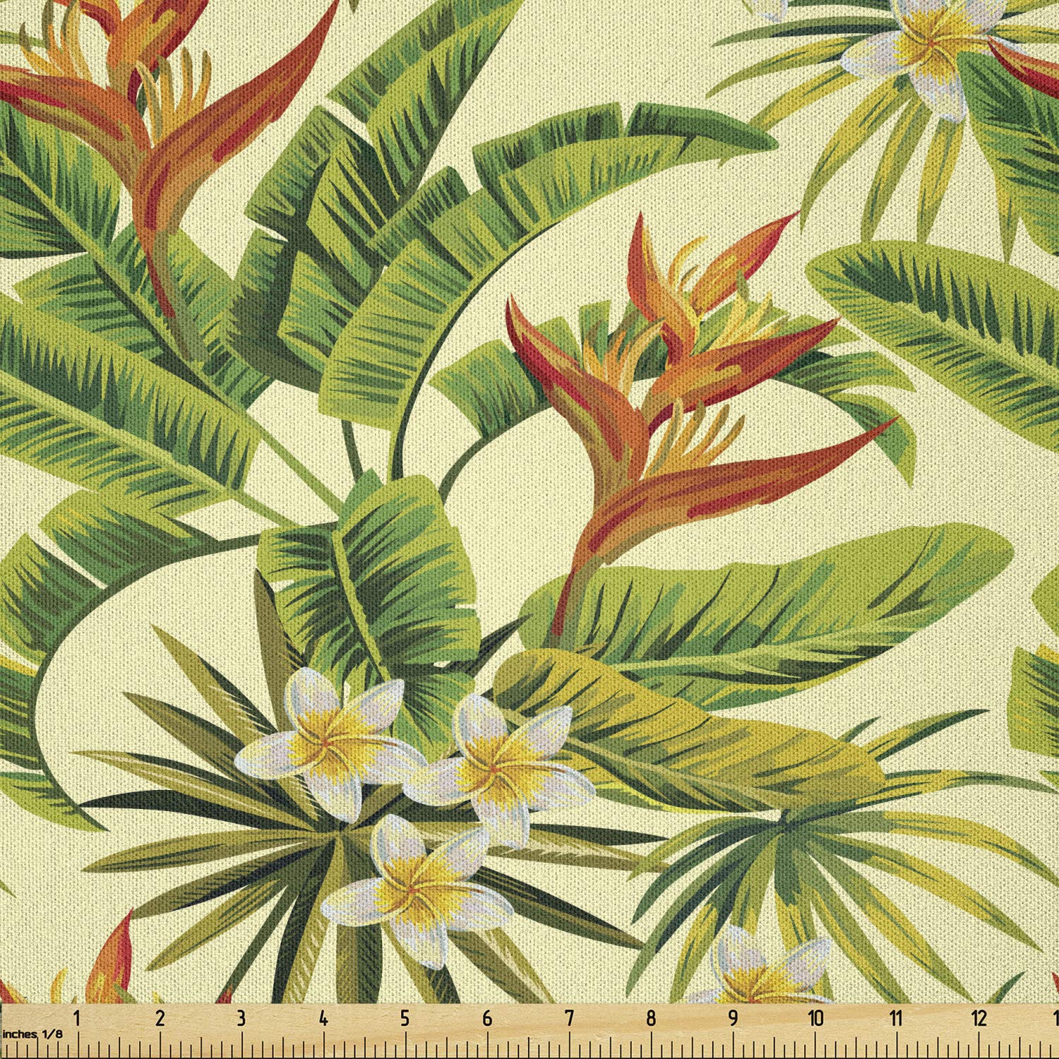 Ambesonne Tropical Fabric by The Yard, Exotic Plumeria Flowers and Palm Tree Leaves on Cream Background Hawaiian Flora, Microfiber Fabric for Arts and Crafts Textiles & Decor, 2 Yards, Orange
