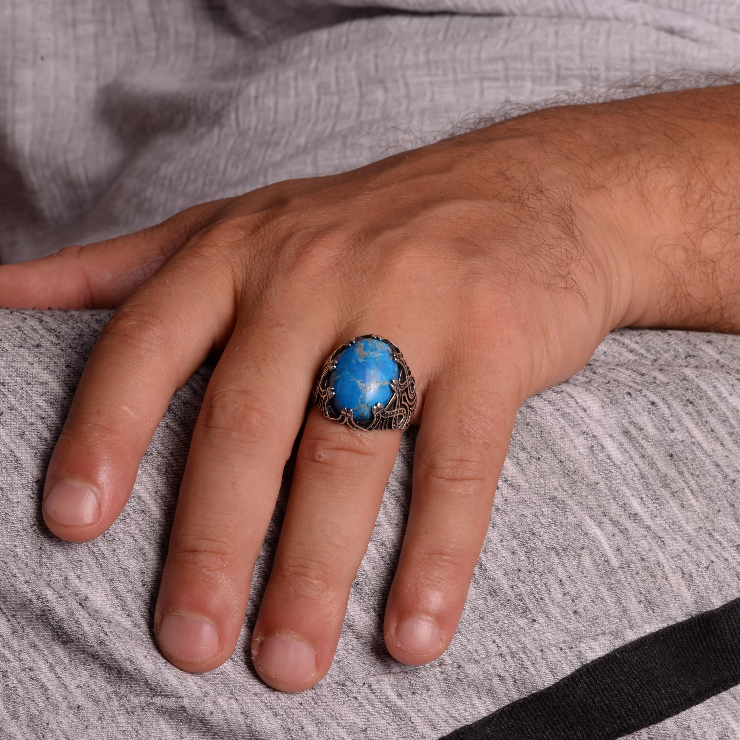 KAMBO Anillo de piedra de jaspe azul, anillo de plata para hombre, anillo hecho a mano (tamaño: 11), plata, jaspe, Plata, Jaspe