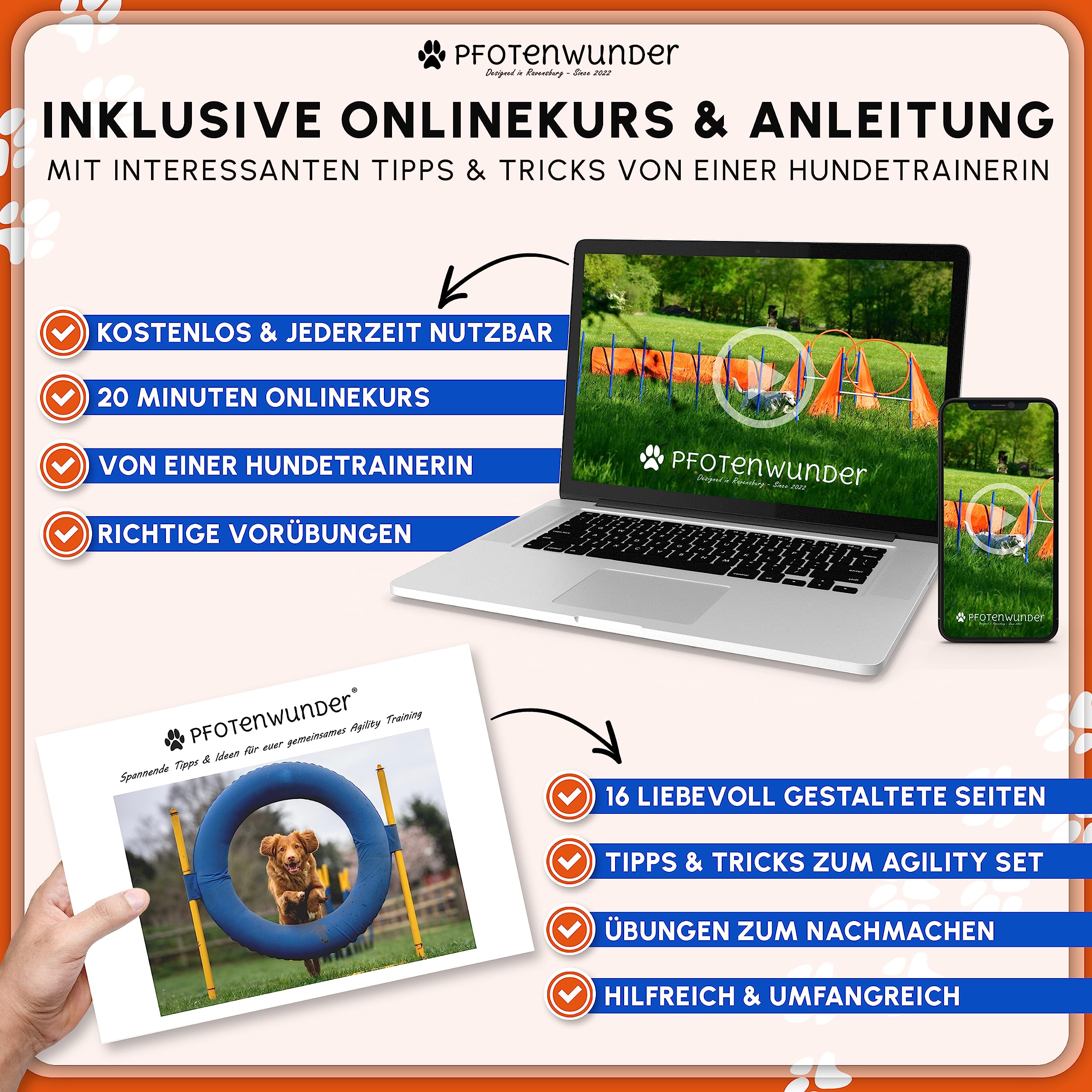 PfotenWunder® XXL-Profi-Agility Set Hunde Groß + 3 Meter-Tunnel + 21 Min. HUNDESCHULE -6 Slalomstangen, für kleine & große Hunde-Training Sport Cavaletti Parcour Steckhürdenset Zubehör Hürden