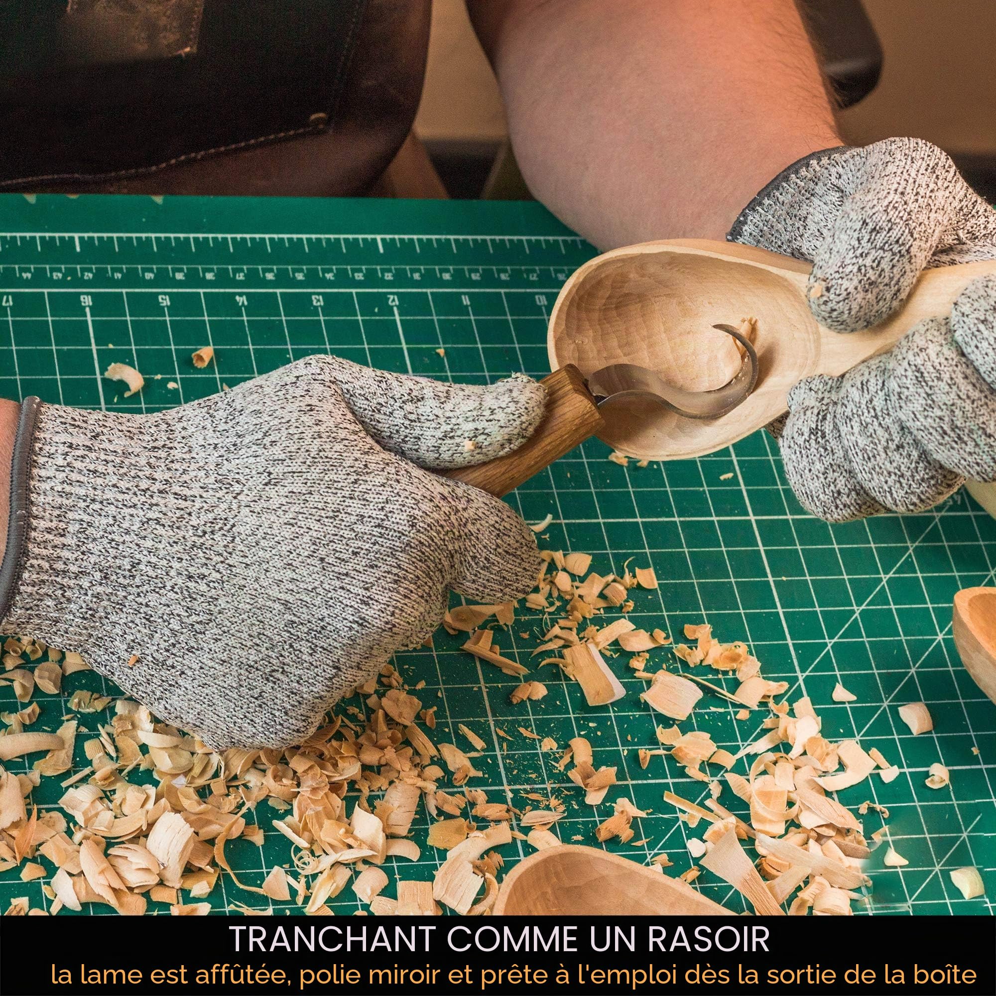 BeaverCraft Couteau à crochet pour sculpture sur bois SK1S Couteau à sculpter les cuillères avec fourreau en cuir