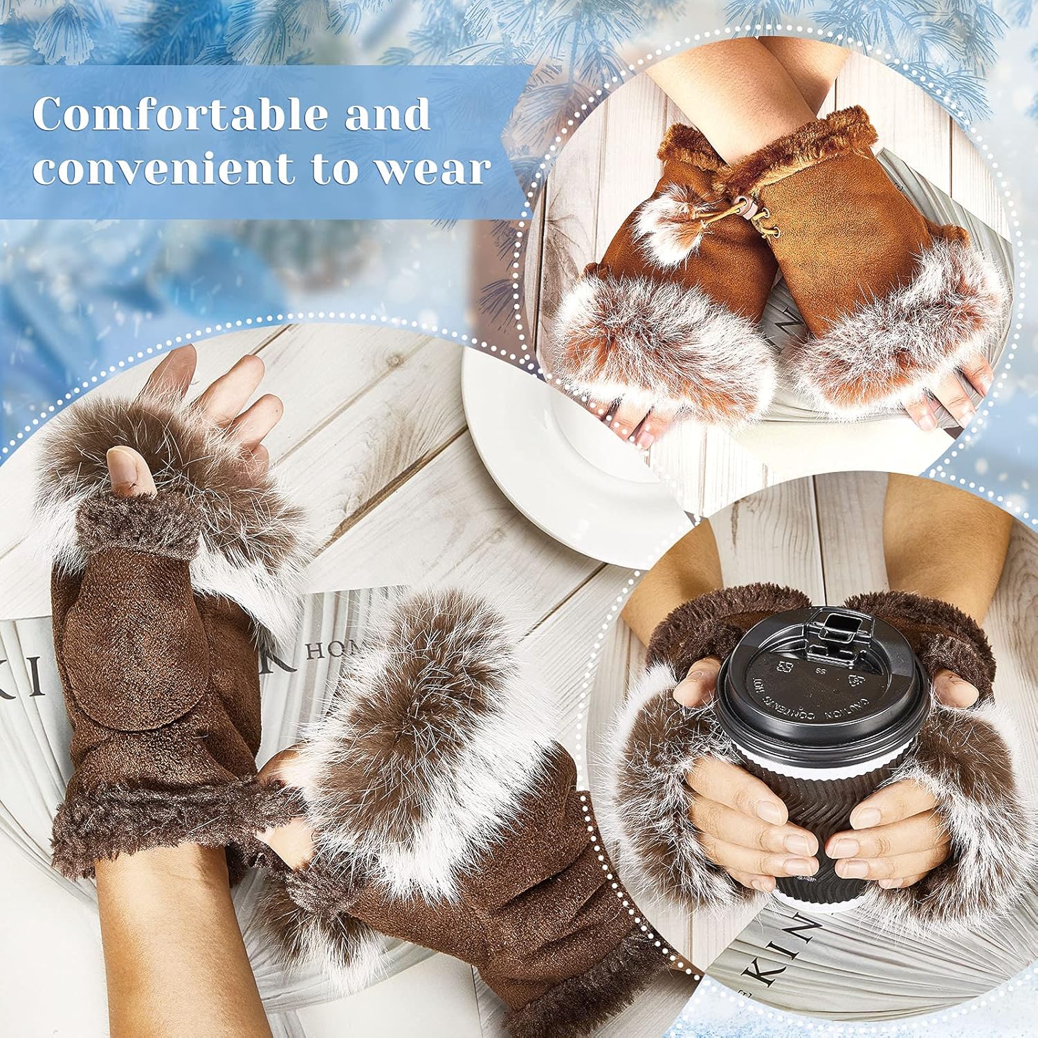 SATINIOR Women Fur Fingerless Gloves Winter Rabbit Fur Lined Half Finger Mittens for Women Girls Teen Working Writing - Image 4