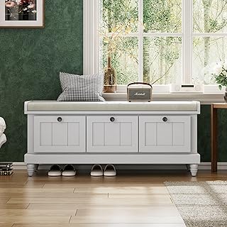 GDFStudio Rustic Storage Bench with Cushion, Solid Wood Shoe Bench with 3 Drawers and Hidden Storage, Rectangular Entryway Cabinet Footrest Stool for Living Room, Bedroom, and Hallways, Light Gray