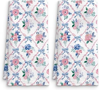 Coquette Blue Bow Floral Kitchen Towel Set of 2, Grandmillennial Pink Rose Flower Trellis Hand Towel for Bathroom, Vintage Pink and Blue Floral Dish Towel, Coquette Bathroom Decor, 16x24 Inch