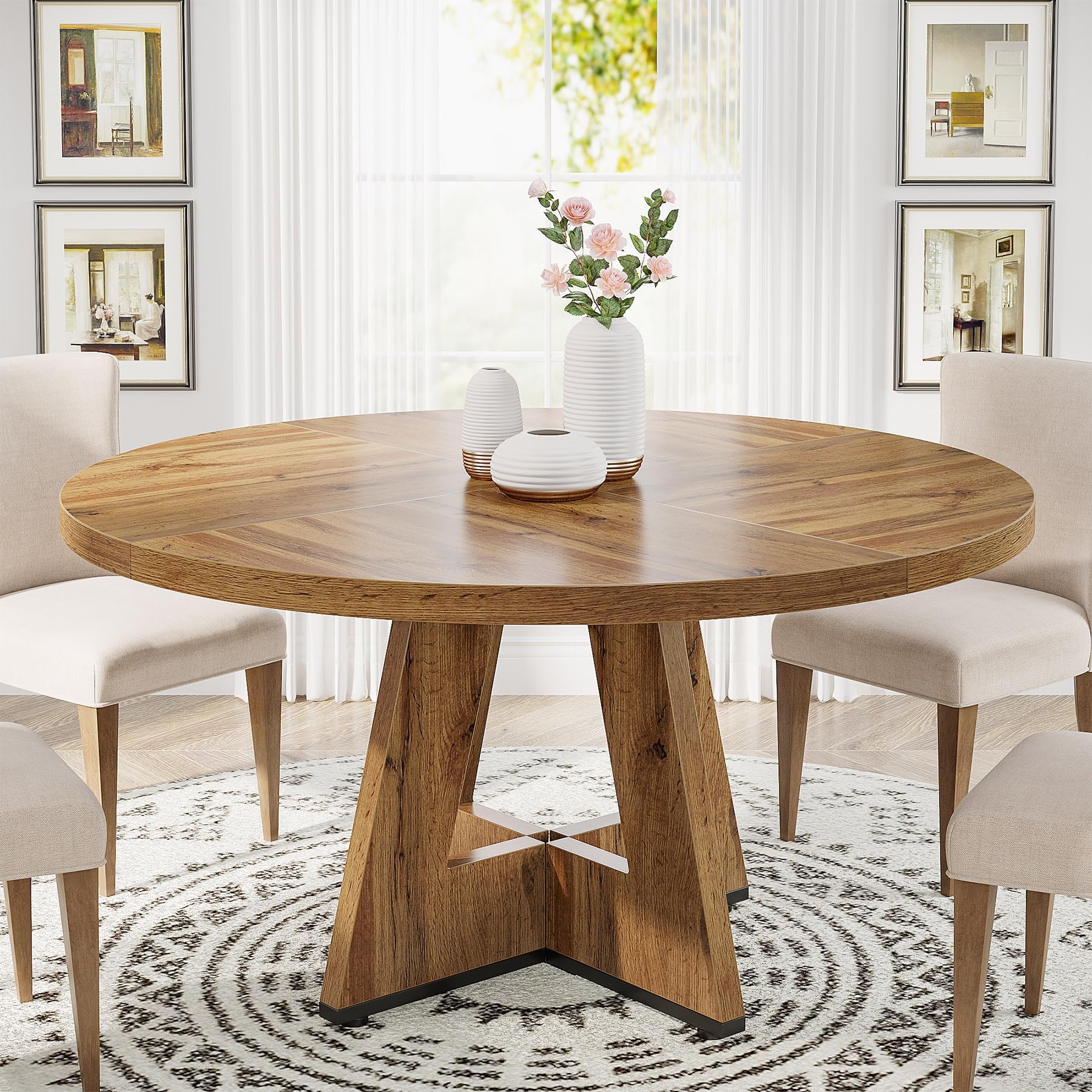 47 inch Round Dining Table Wood Kitchen Table for Dining Room, 47" Dinner Room Tables for 4-6, Farmhouse Accent Furniture with Wooden Tabletop and Cross Base, Burlywood