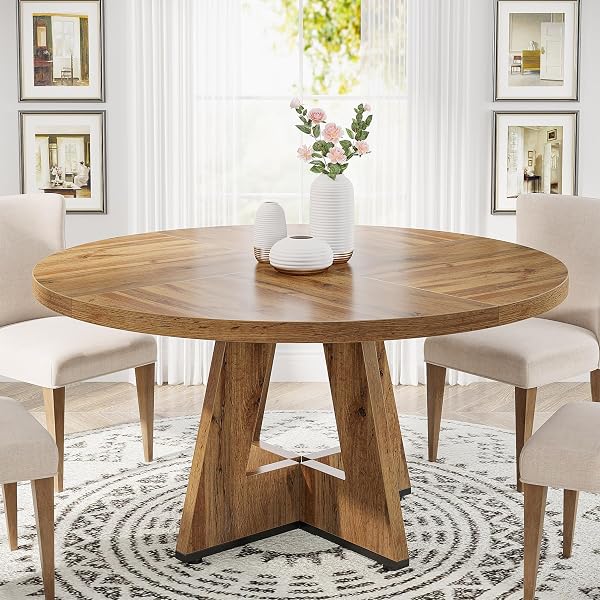 Burlywood Round Table with Cross Base