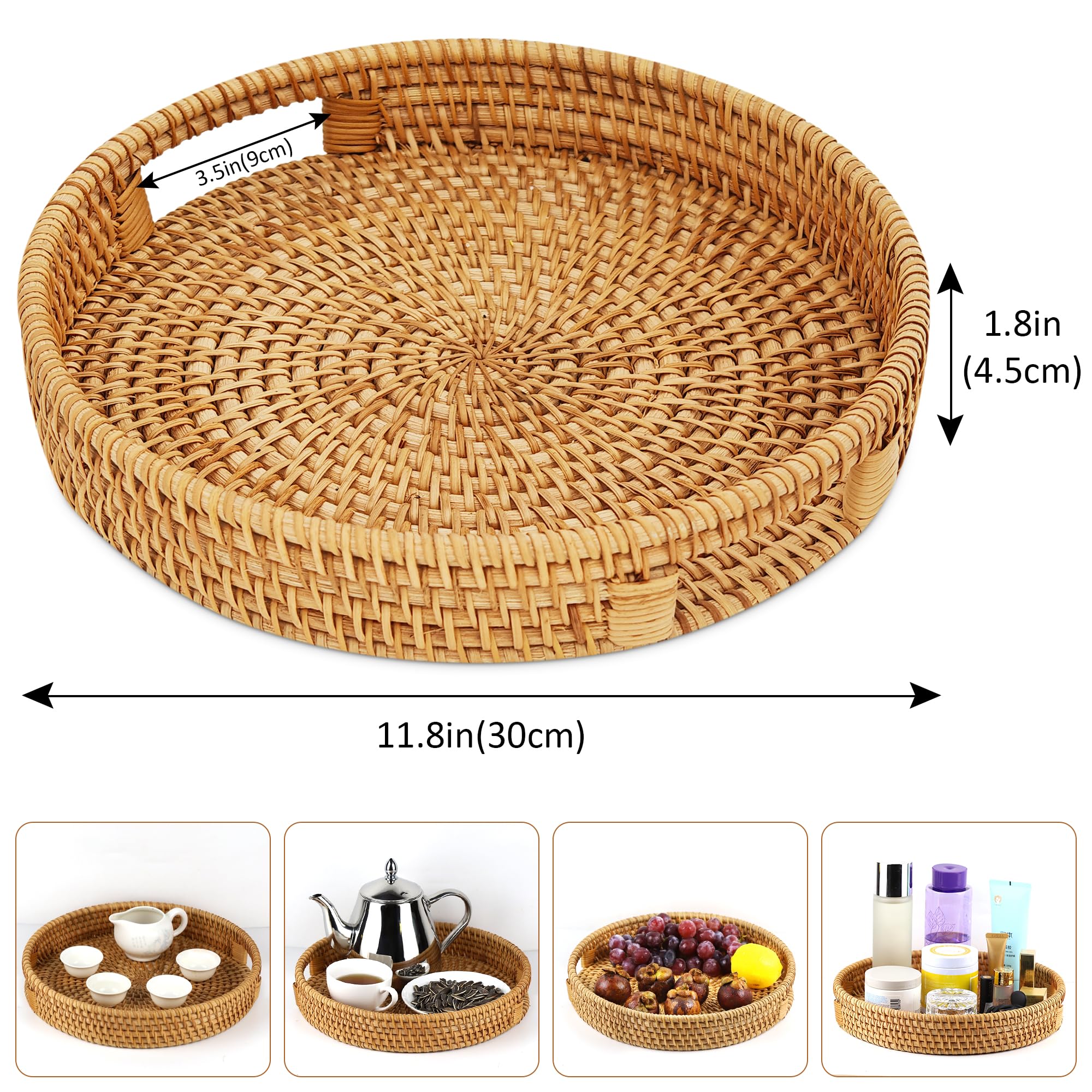 WENLISELL Wicker Serving Tray Round, 30cm Rattan Serving Tray Basket with Handles - Image 2