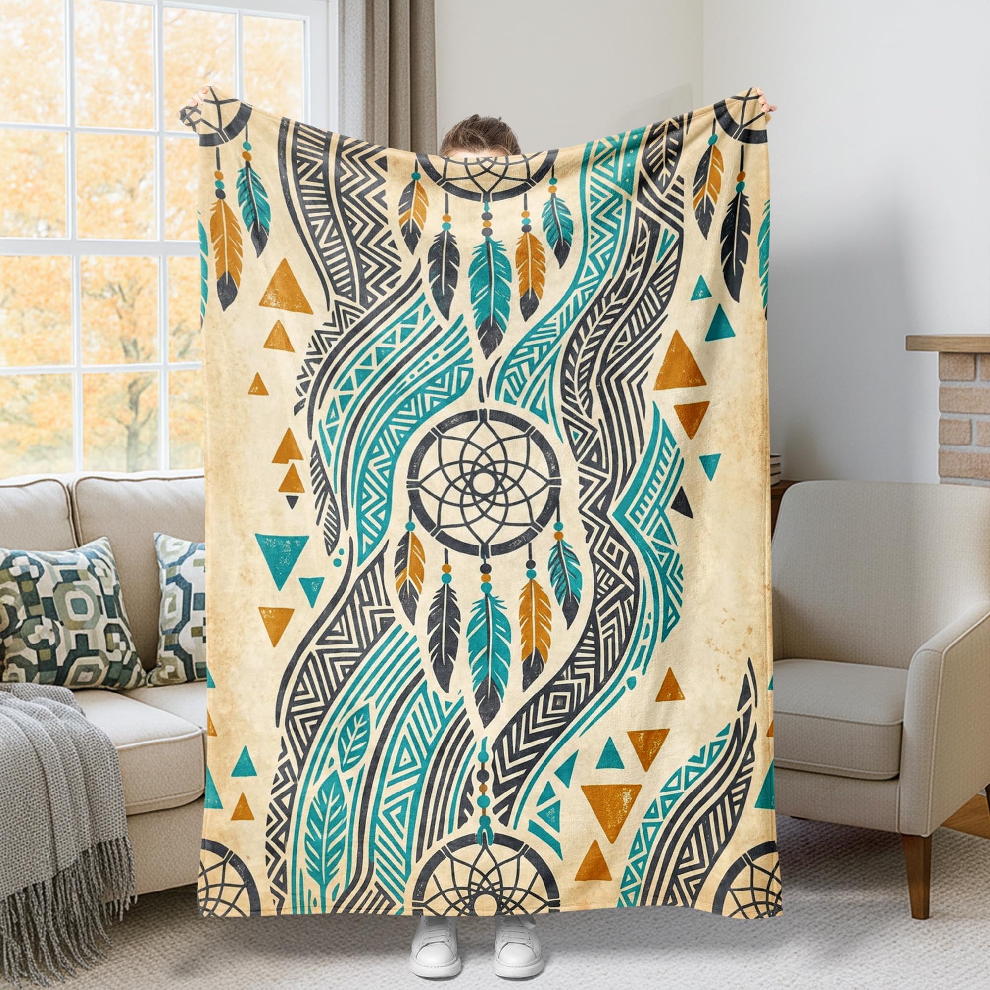 Couverture attrape-rêves bohème 150x200 cm en plaid turquoise léger