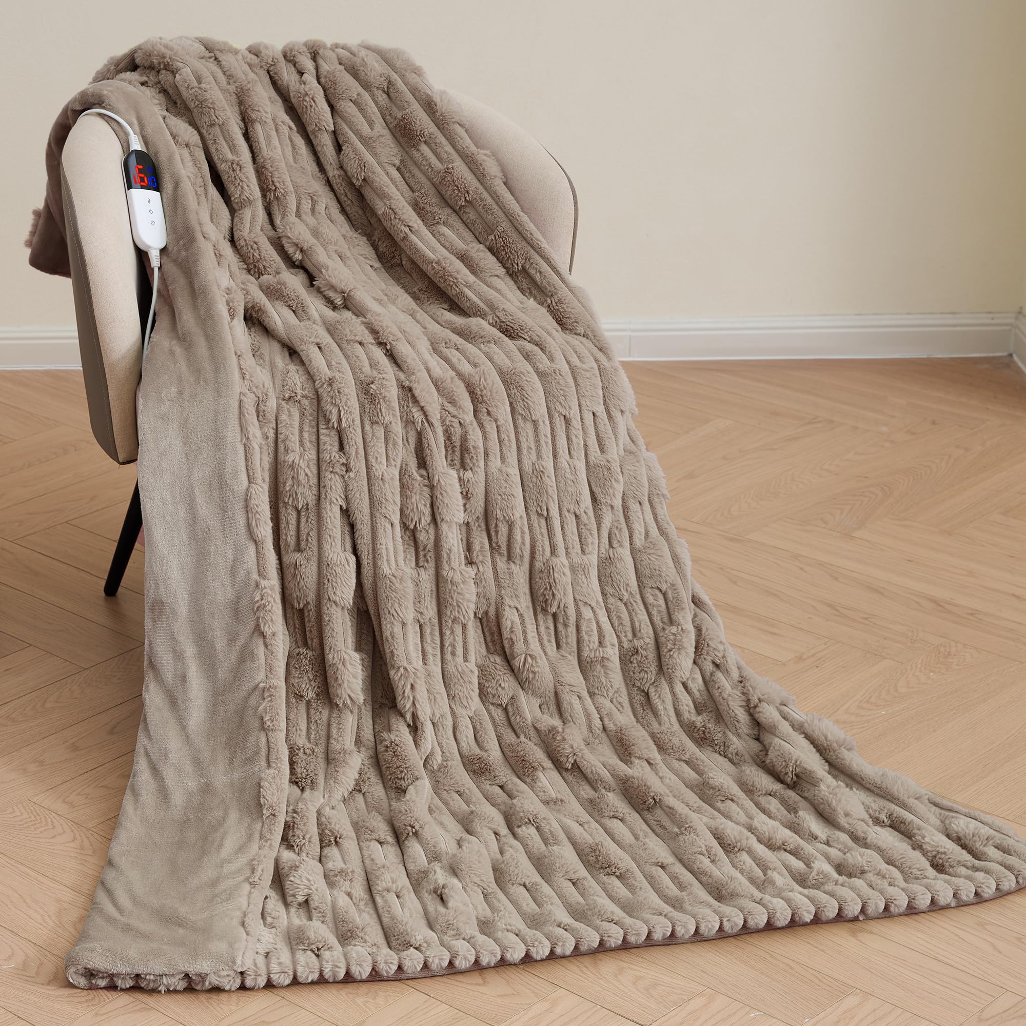 CURECURE Heated Blanket Electric 130x180cm, Bamboo Texture Bunny Fleece & Flannel, 6 Heat ...