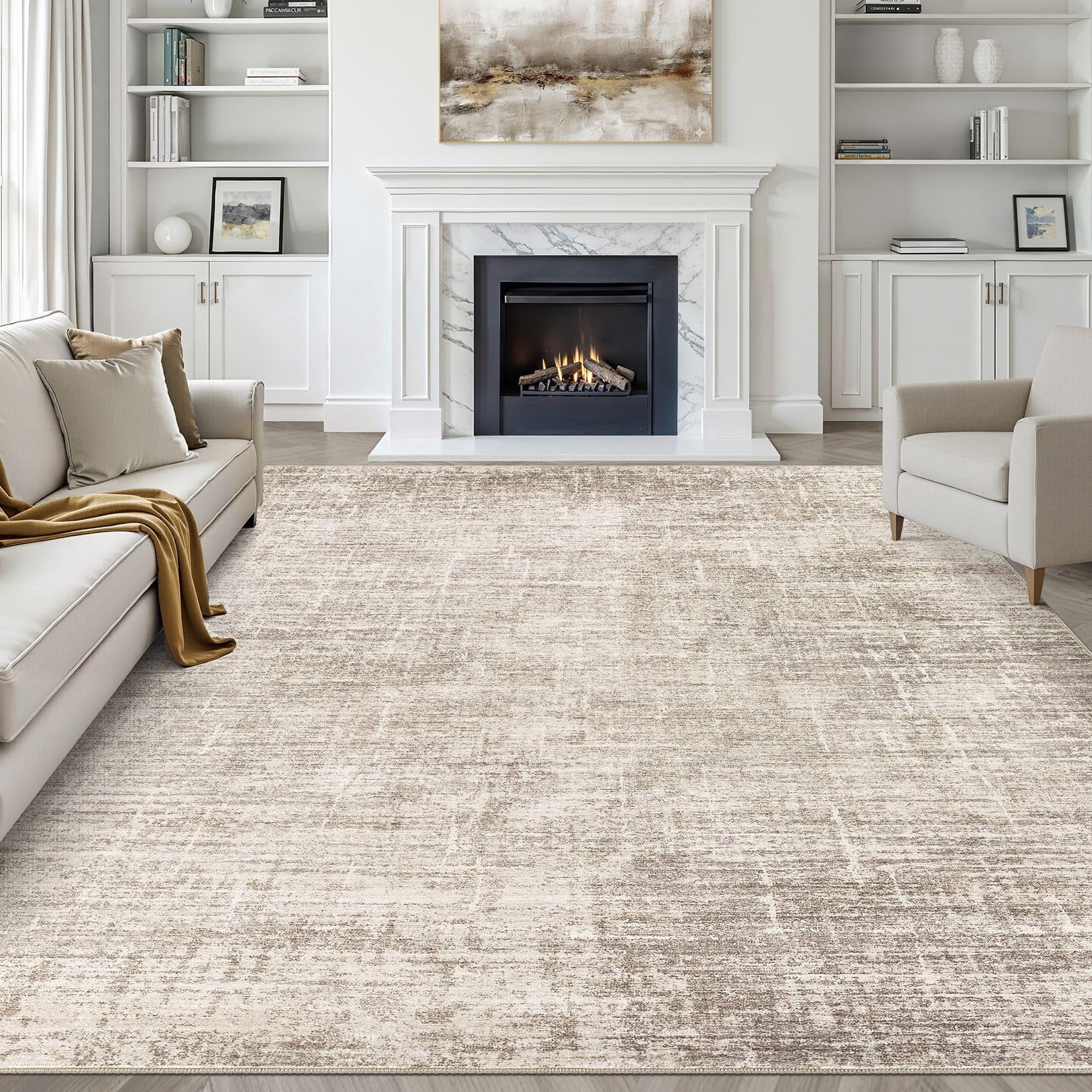 Photo 1 of 8x10 Area Rugs Living Room: Washable Large Neutral Brown Rug Abstract Soft Modern Stain Resistant Indoor Floor Non-Slip Carpet for Bedroom Nursery Kids Office Playroom Dining Room Under Table Home