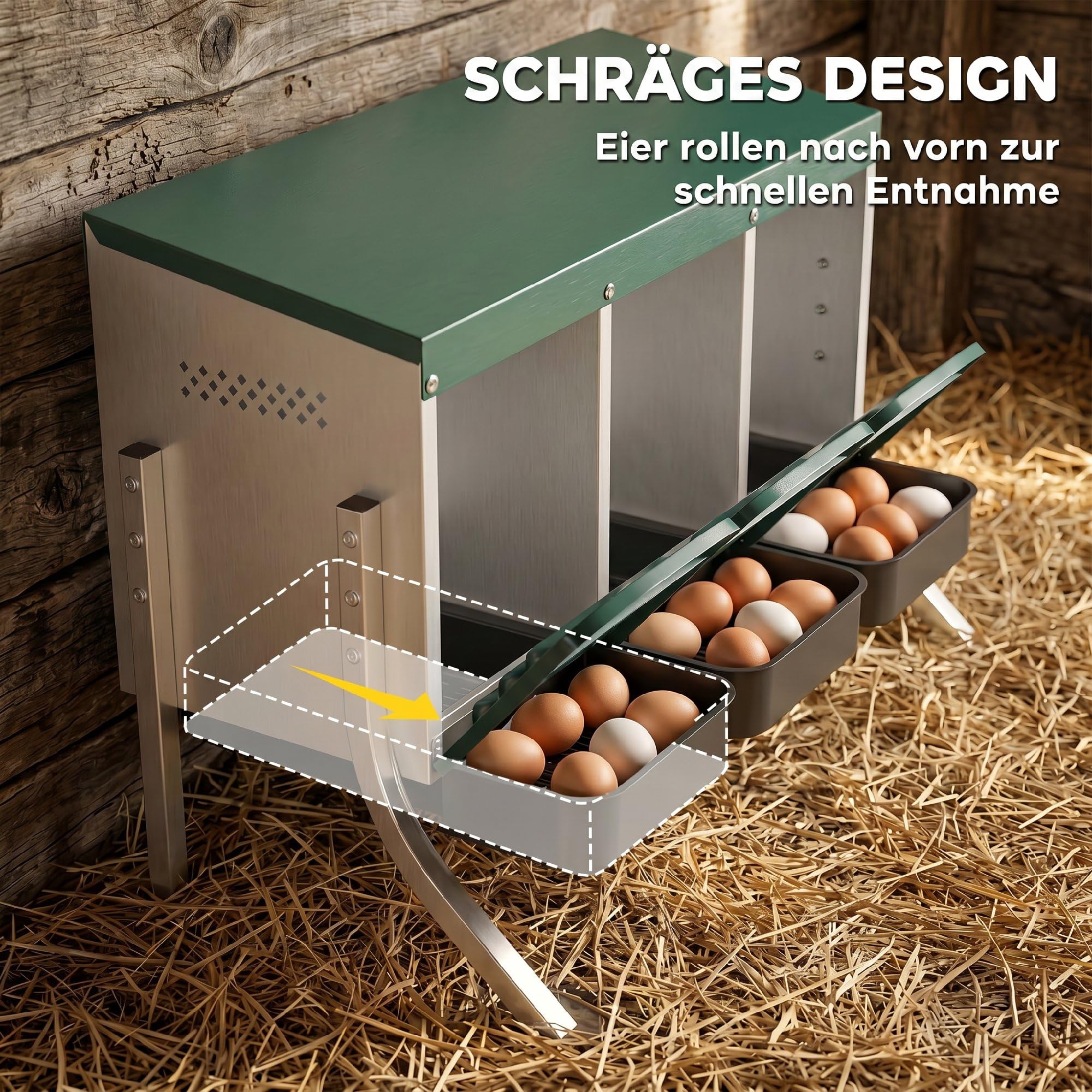 PawHut Legenest für Hühner, Abrollnest mit Belüftungslöchern, 3 Fächer, Hühnernest für 3 Hühner, Geflügelnest für Kleintierstall 84 x 55 x 61 cm, Silber