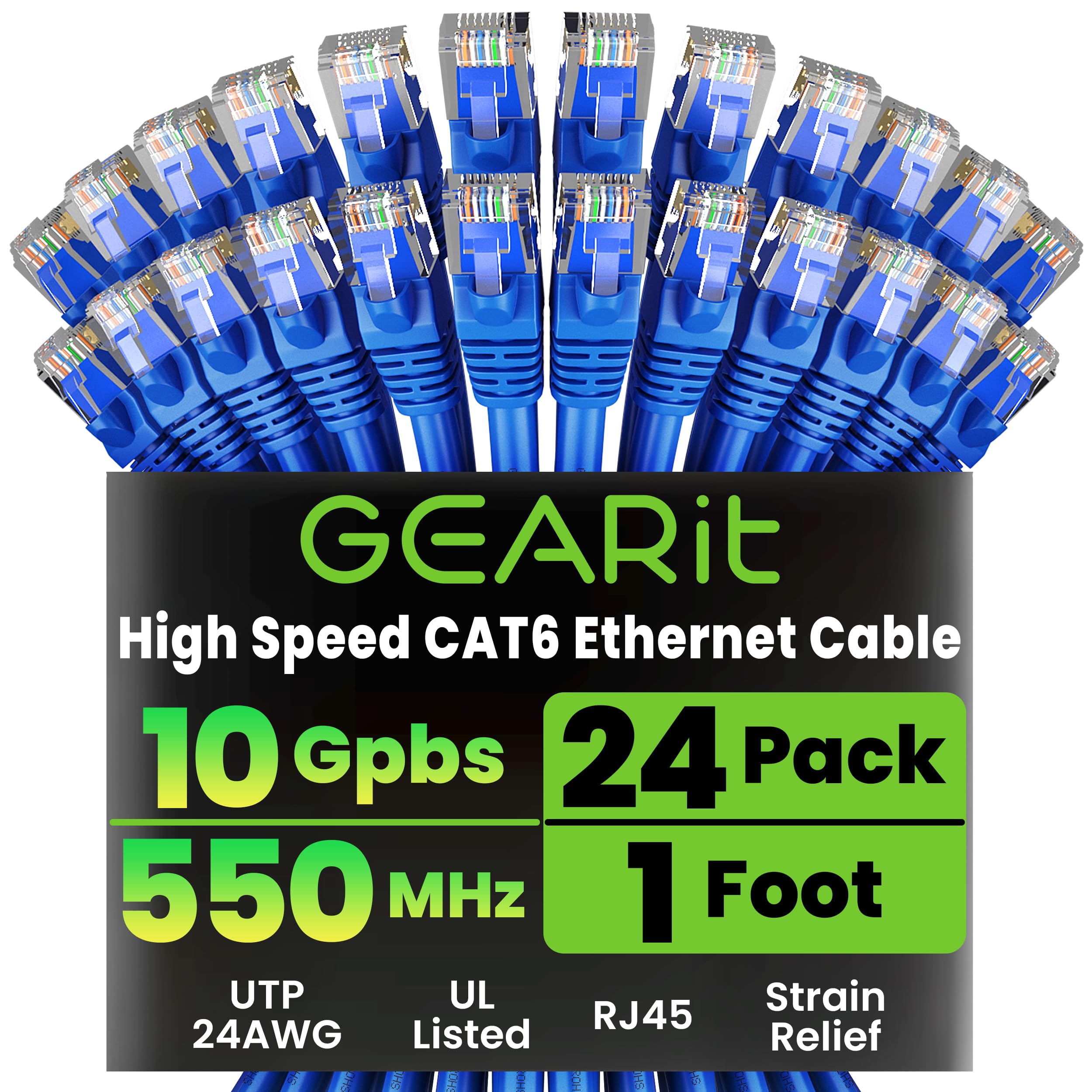 GearIT Cat 6 Ethernet Cable 1 ft (24-Pack) - Cat6 Patch Cable, Cat 6 Patch Cable, Cat6 Cable, Cat 6 Cable, Cat6 Ethernet Cable, Network Cable, Internet Cable - Blue 1 Foot