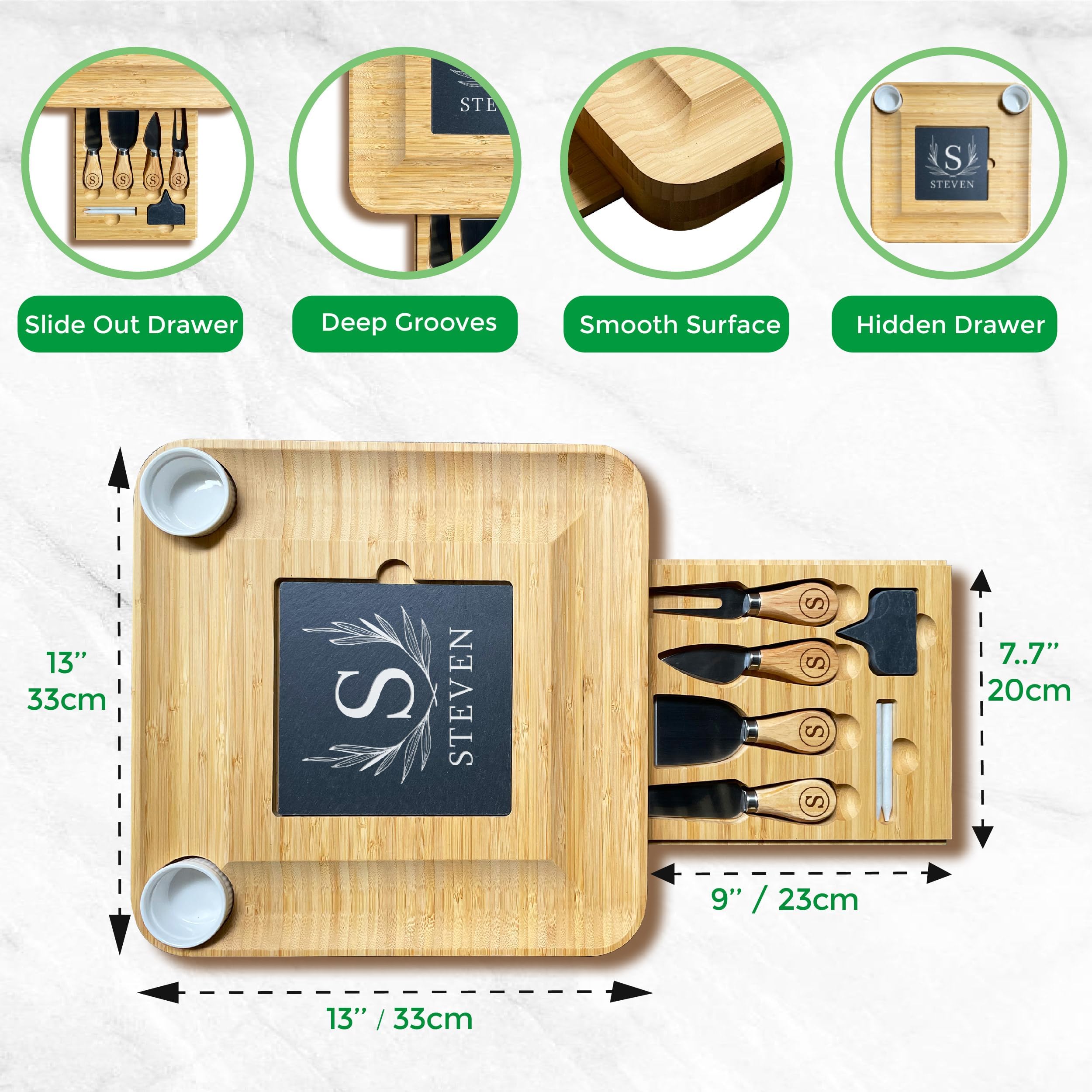 Plateau à fromages en bambou gravé personnalisé avec boîte extensible, 4 couteaux en acier inoxydable et ardoise noire, cadeaux de fête des mères pour maman, mariage, enterrement de vie de jeune fille